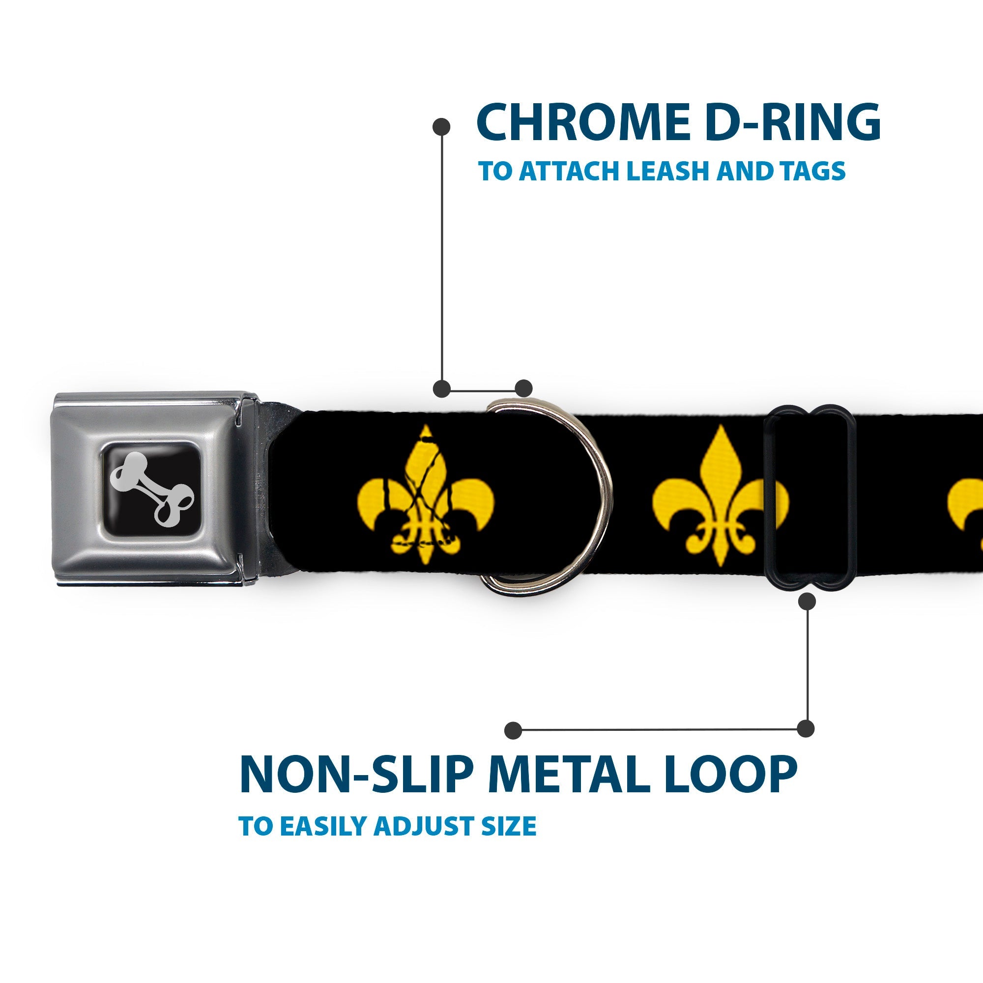 Dog Bone Seatbelt Buckle Collar - Fleur-de-Lis Black/Yellow