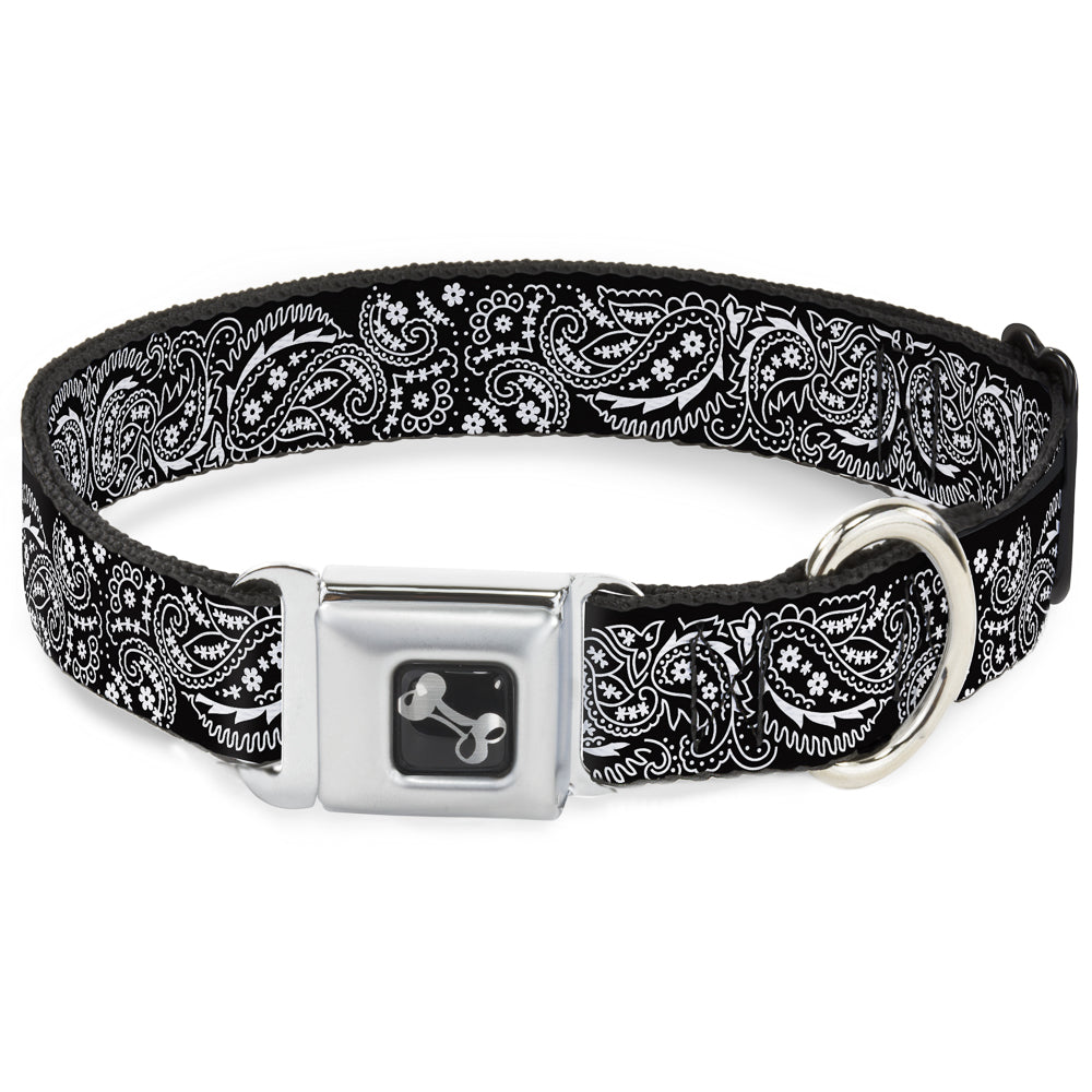 Dog Bone Seatbelt Buckle Collar - Floral Paisley2 Black/White
