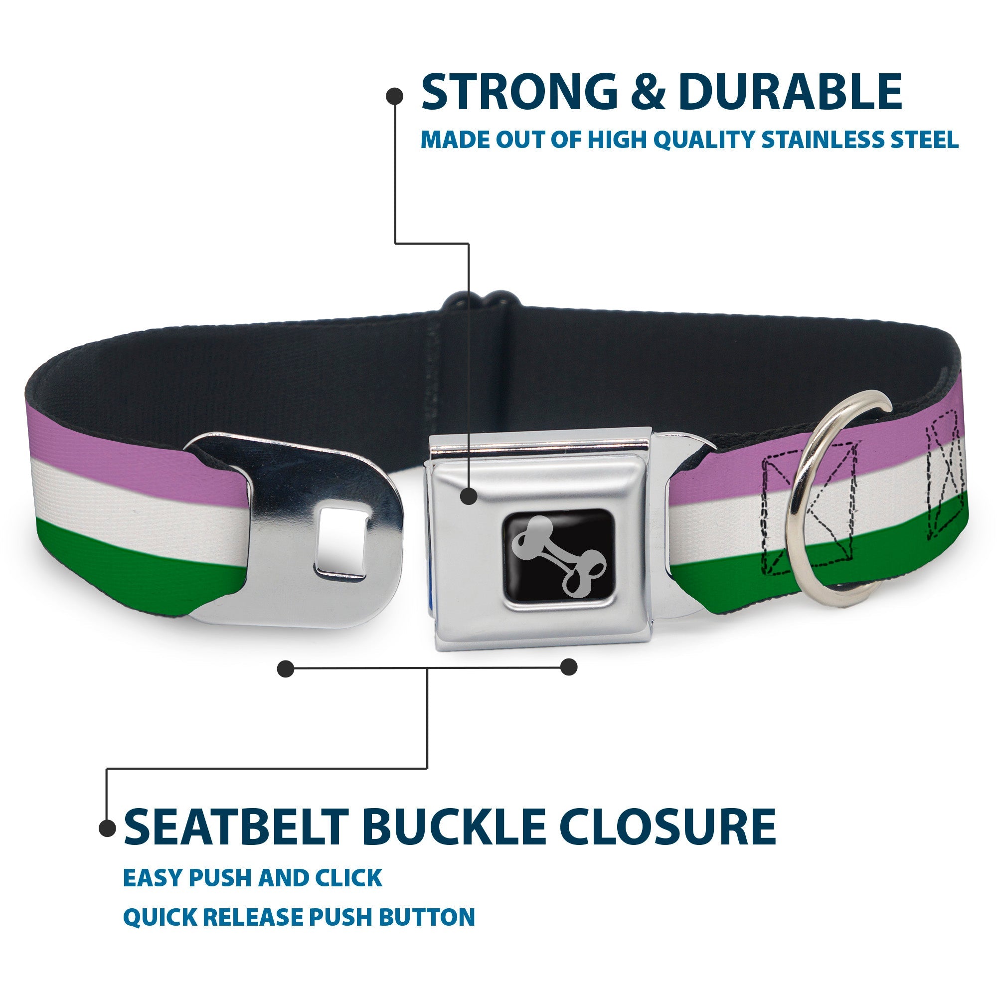 Dog Bone Seatbelt Buckle Collar - Flag Genderqueer Lavender/White/Green