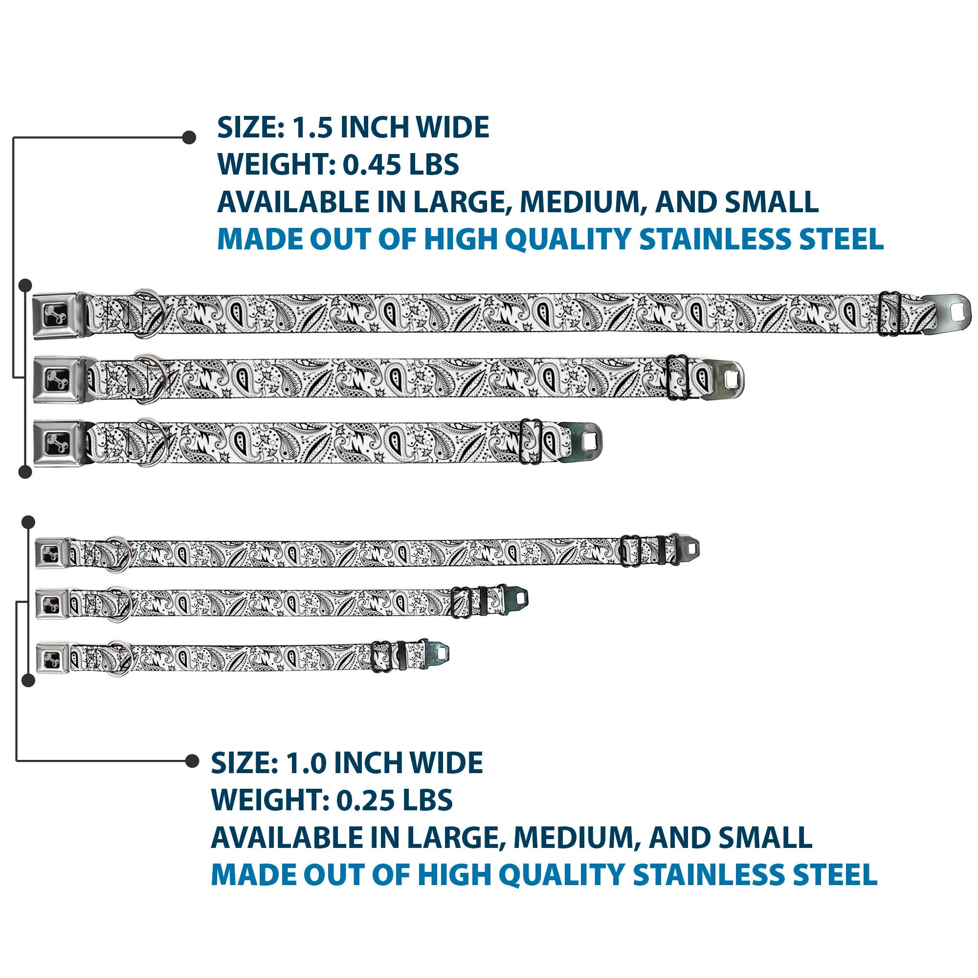 Dog Bone Seatbelt Buckle Collar - Floral Paisley3 White/Black