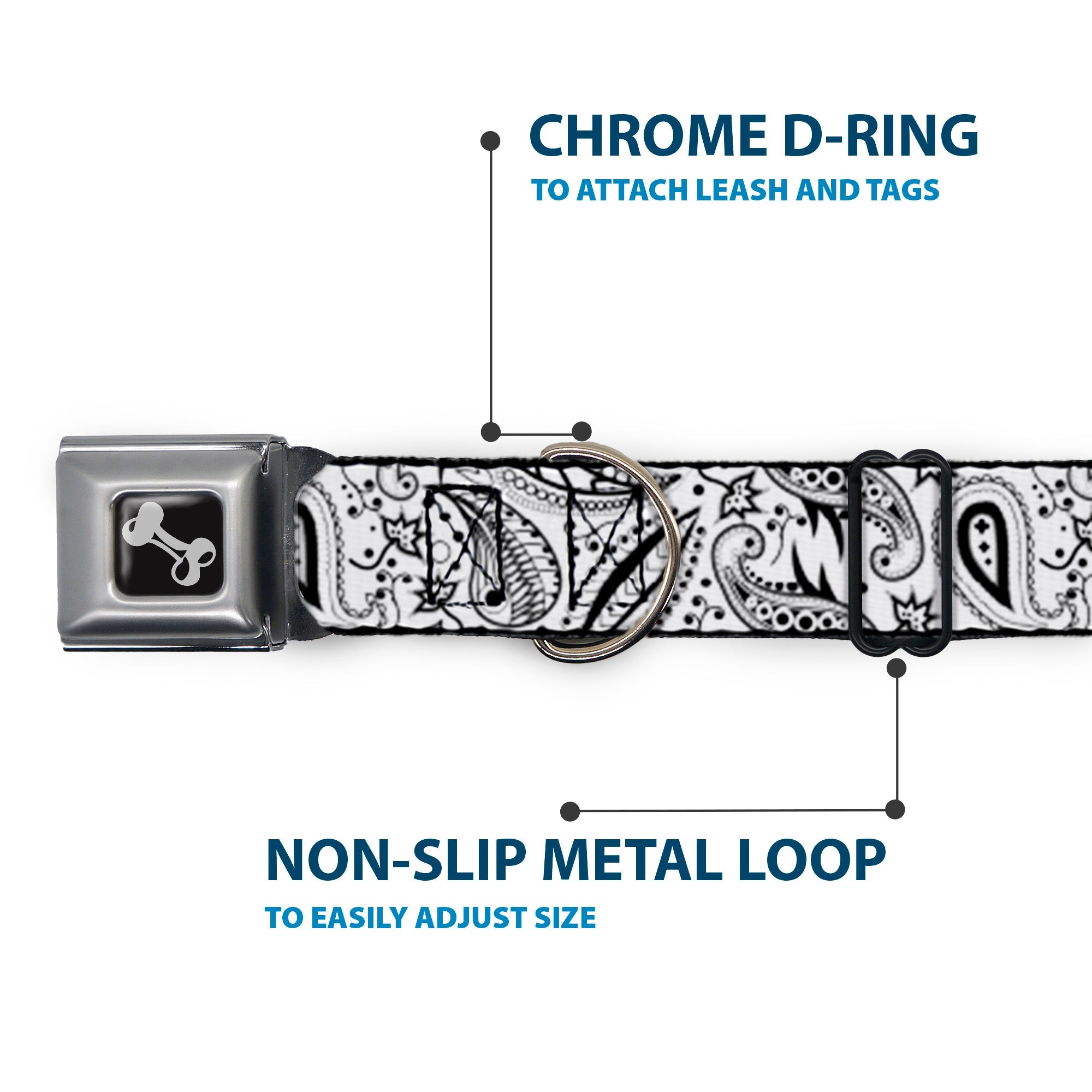 Dog Bone Seatbelt Buckle Collar - Floral Paisley3 White/Black