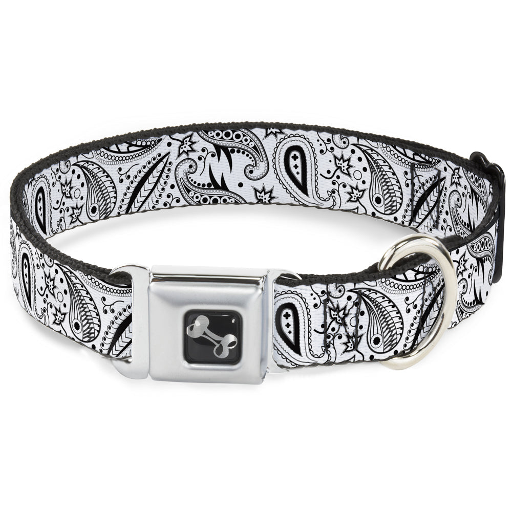 Dog Bone Seatbelt Buckle Collar - Floral Paisley3 White/Black