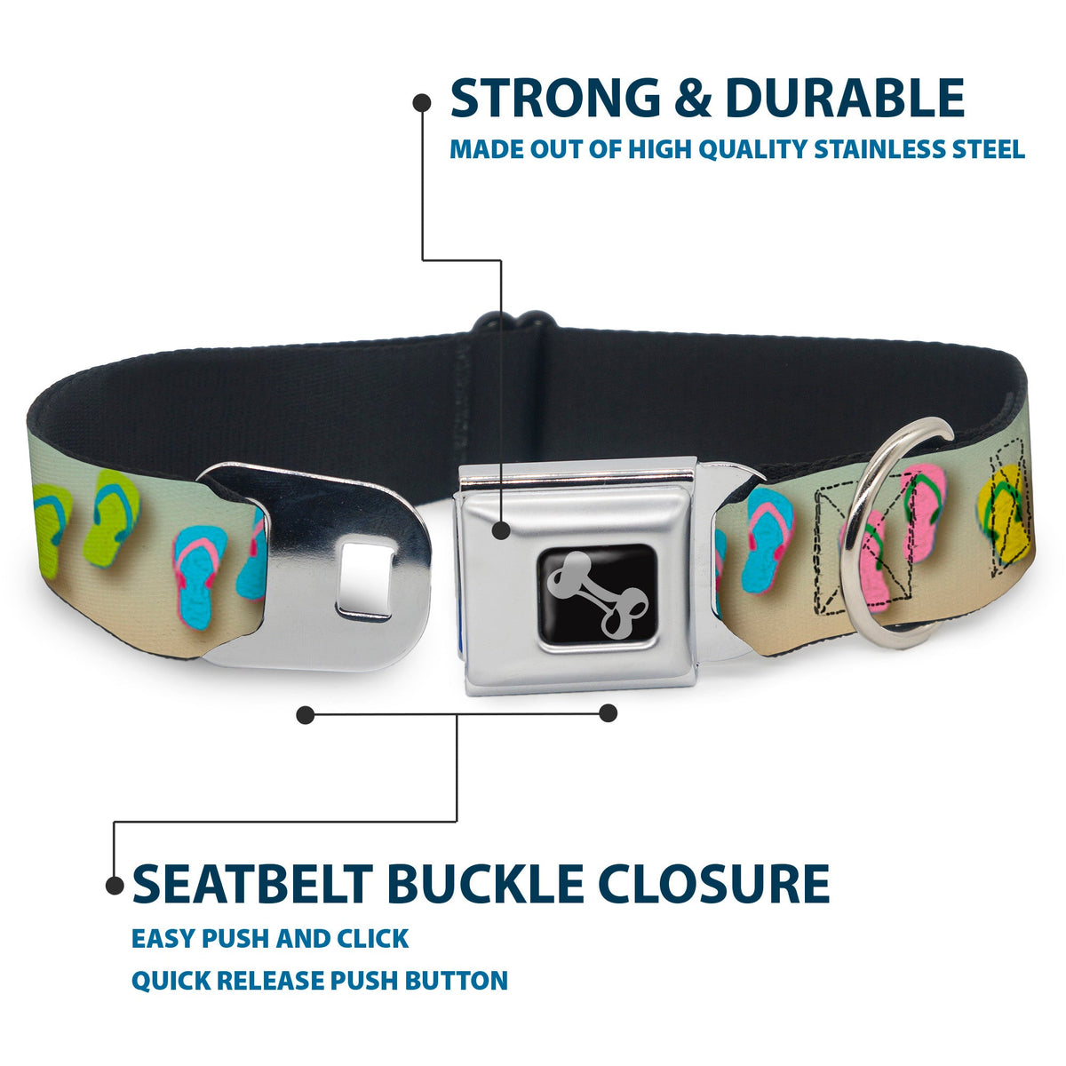 Dog Bone Seatbelt Buckle Collar - Flip Flops2 Aqua/Multi Color