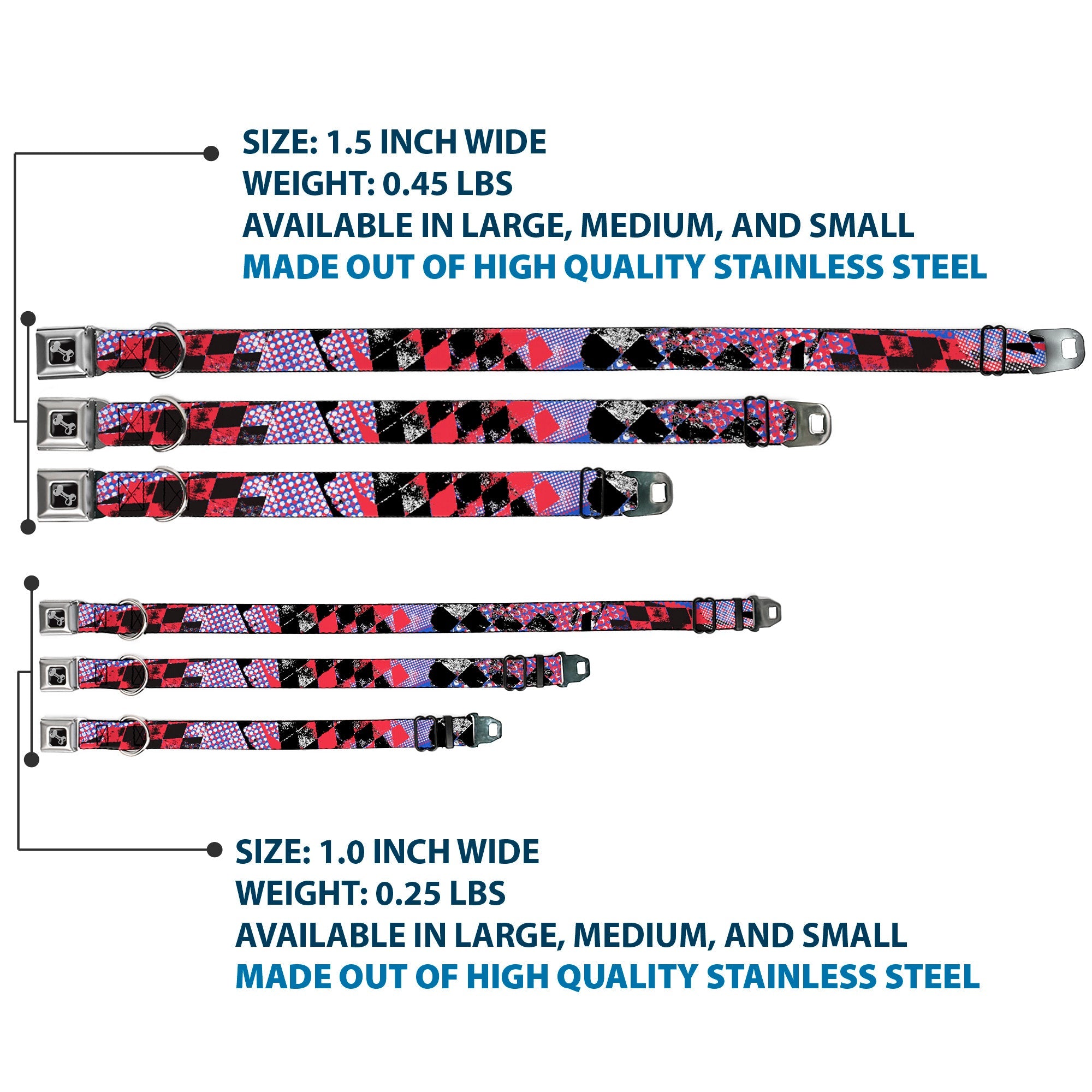 Dog Bone Seatbelt Buckle Collar - Grunge Checker Flag Blue/Red