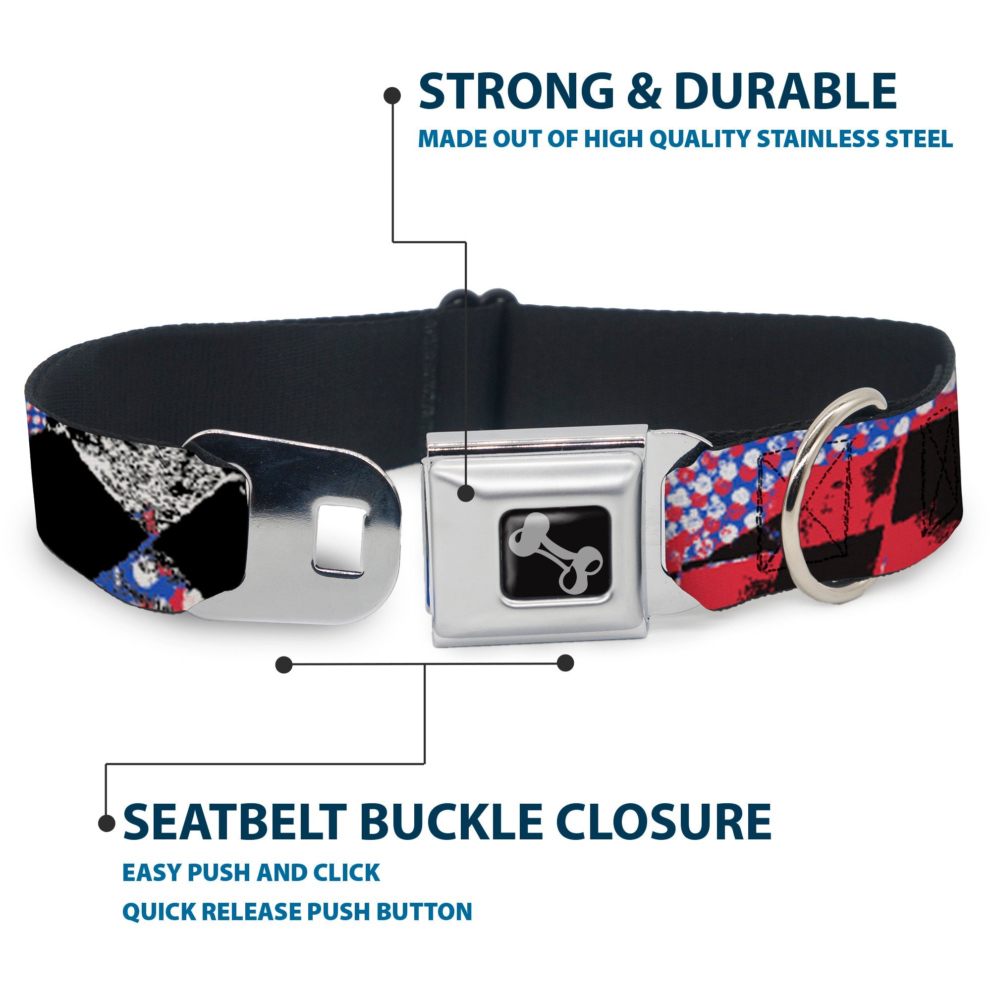 Dog Bone Seatbelt Buckle Collar - Grunge Checker Flag Blue/Red