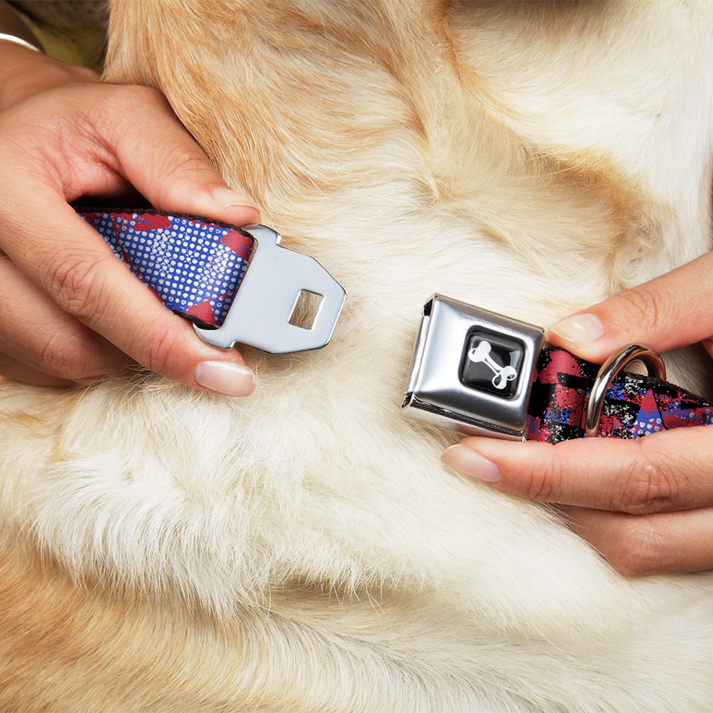 Dog Bone Seatbelt Buckle Collar - Grunge Checker Flag Blue/Red