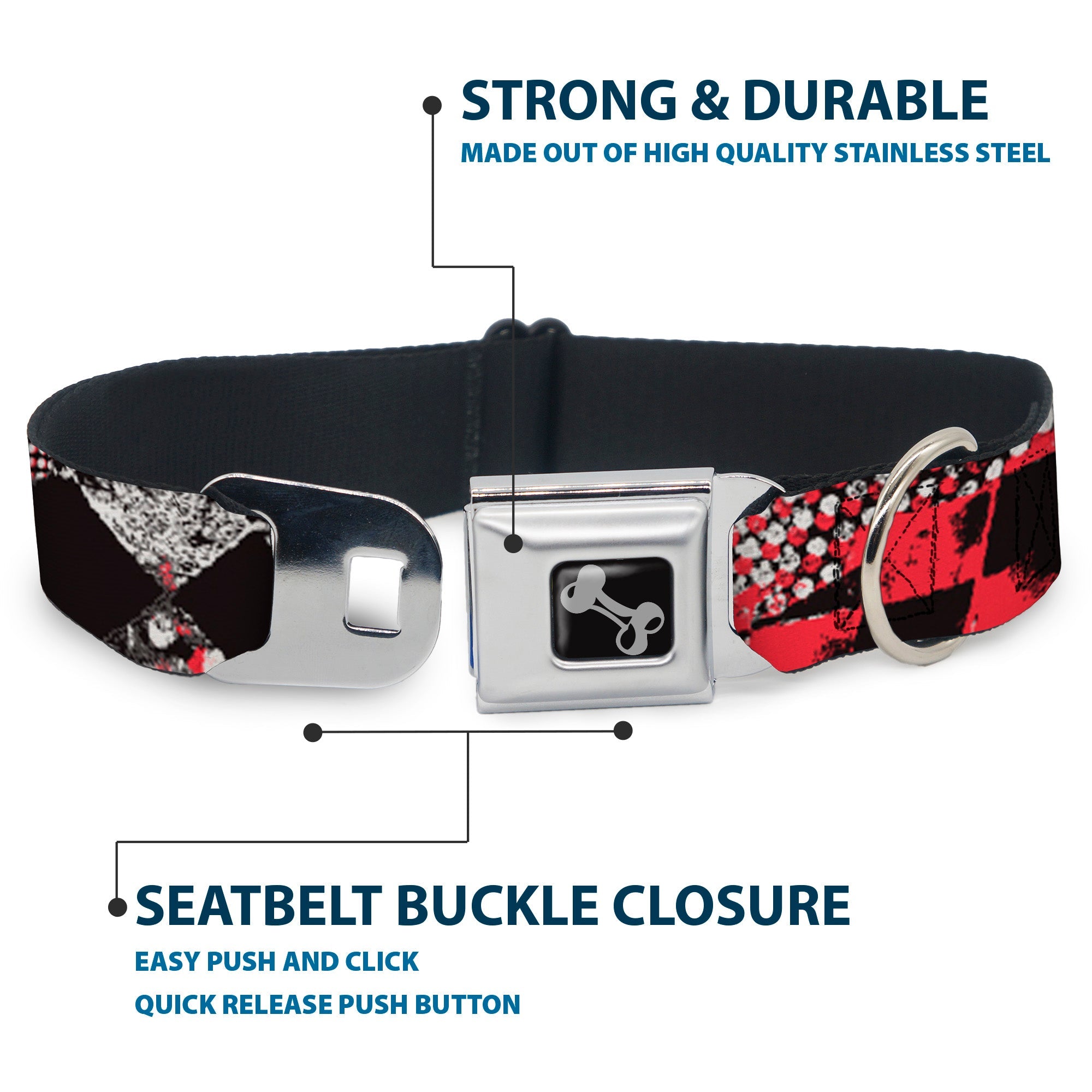 Dog Bone Seatbelt Buckle Collar - Grunge Checker Flag Red