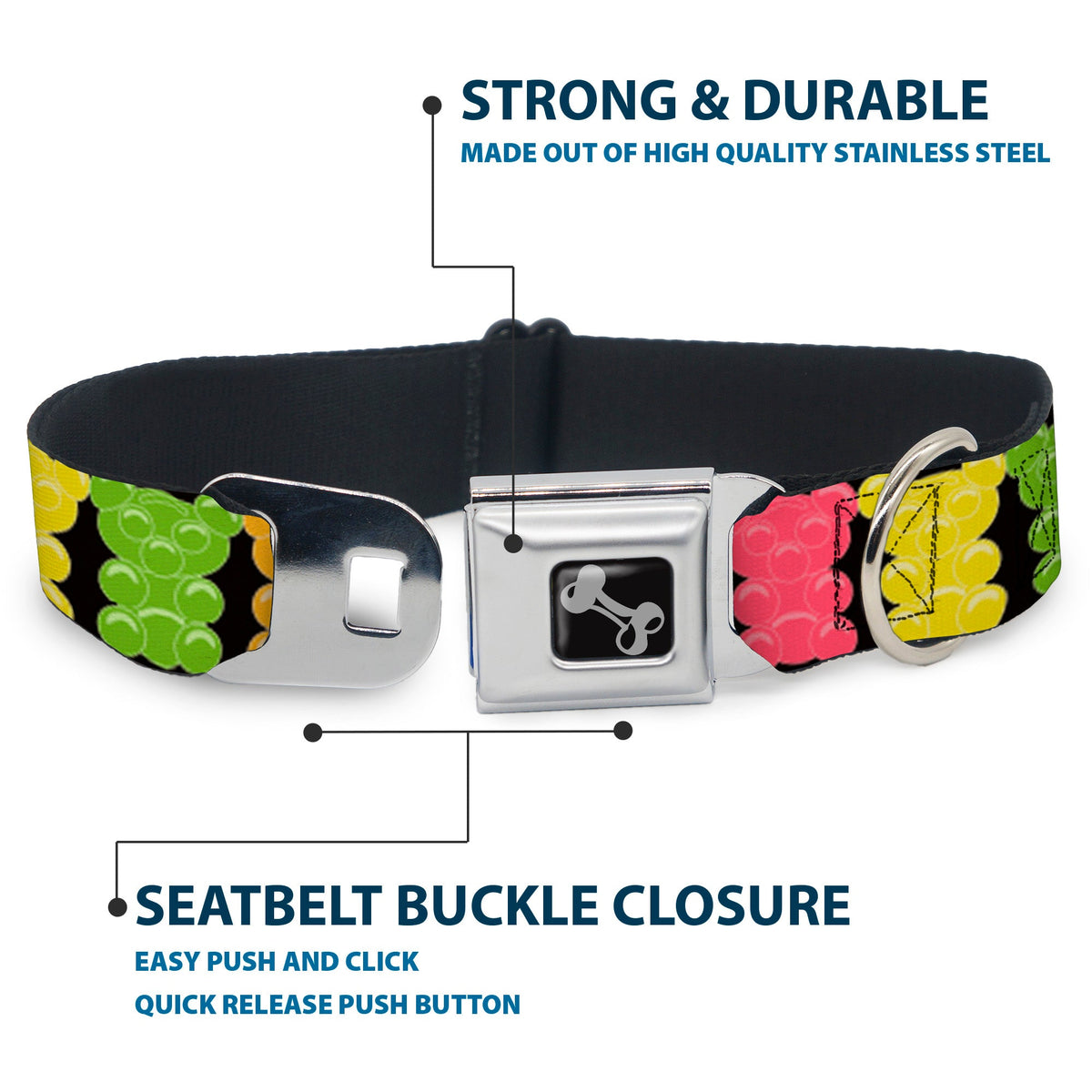 Dog Bone Seatbelt Buckle Collar - Gummy Bears Cartoon Black/Red/Yellow/Green