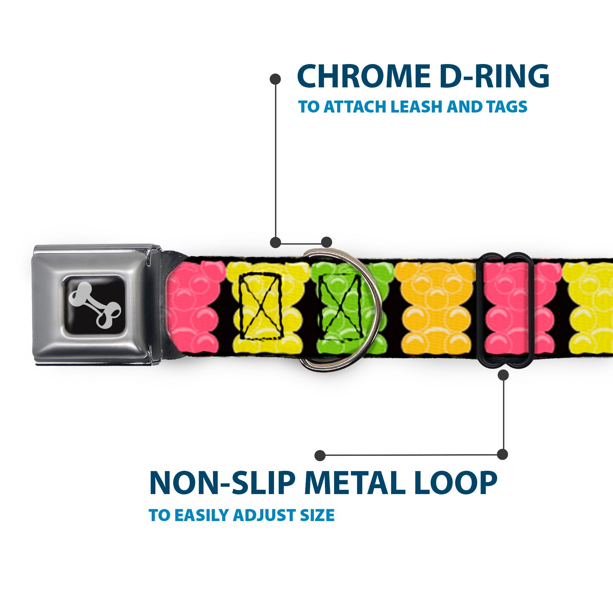 Dog Bone Seatbelt Buckle Collar - Gummy Bears Cartoon Black/Red/Yellow/Green