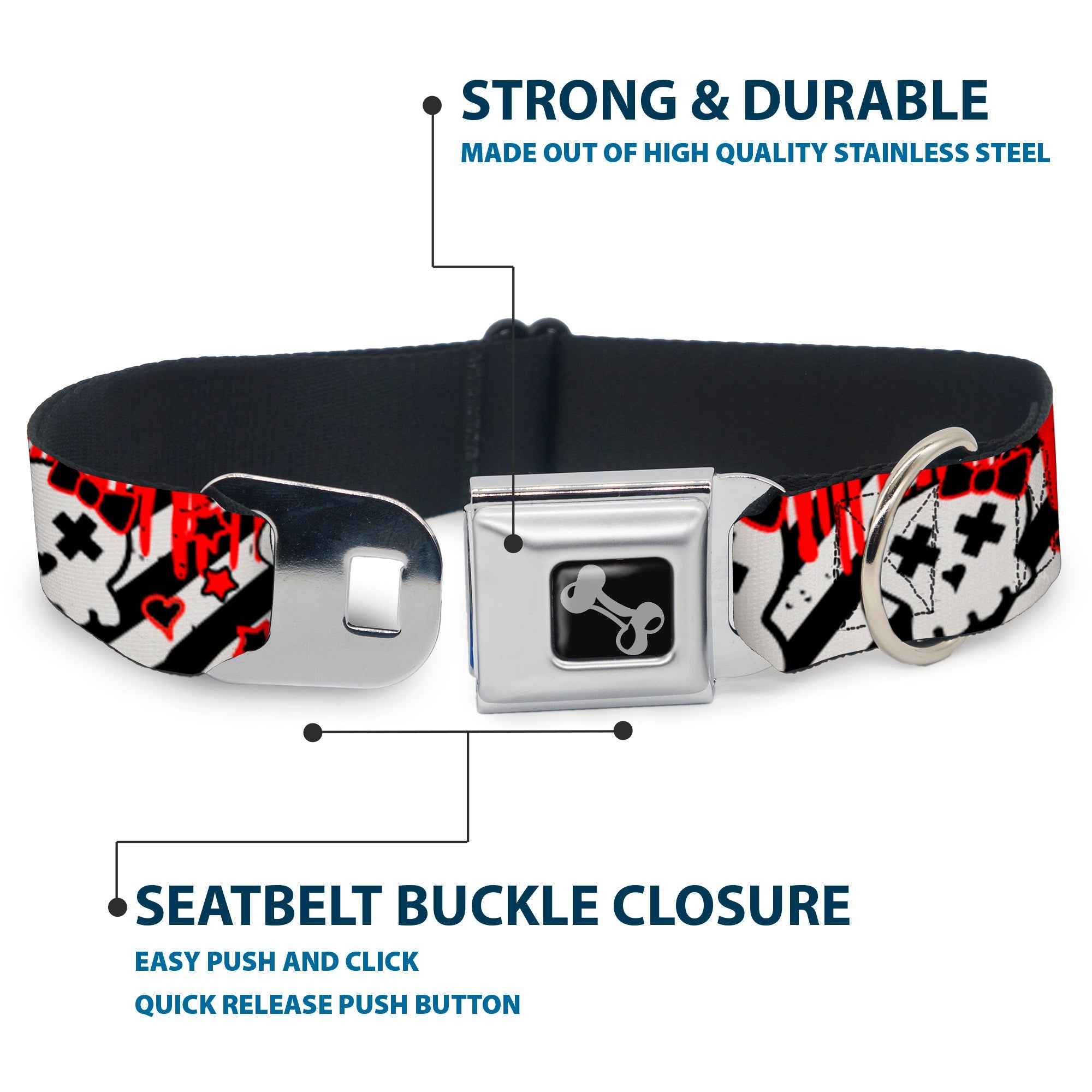 Dog Bone Seatbelt Buckle Collar - Girlie Skull Black/White w/Red Paint Drips