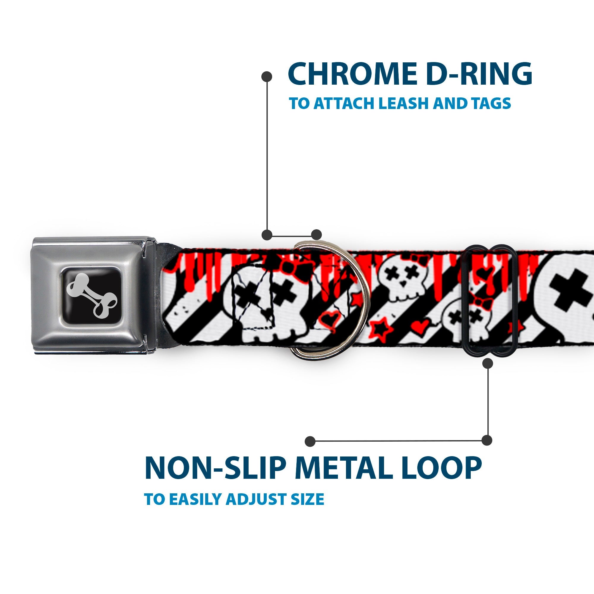 Dog Bone Seatbelt Buckle Collar - Girlie Skull Black/White w/Red Paint Drips