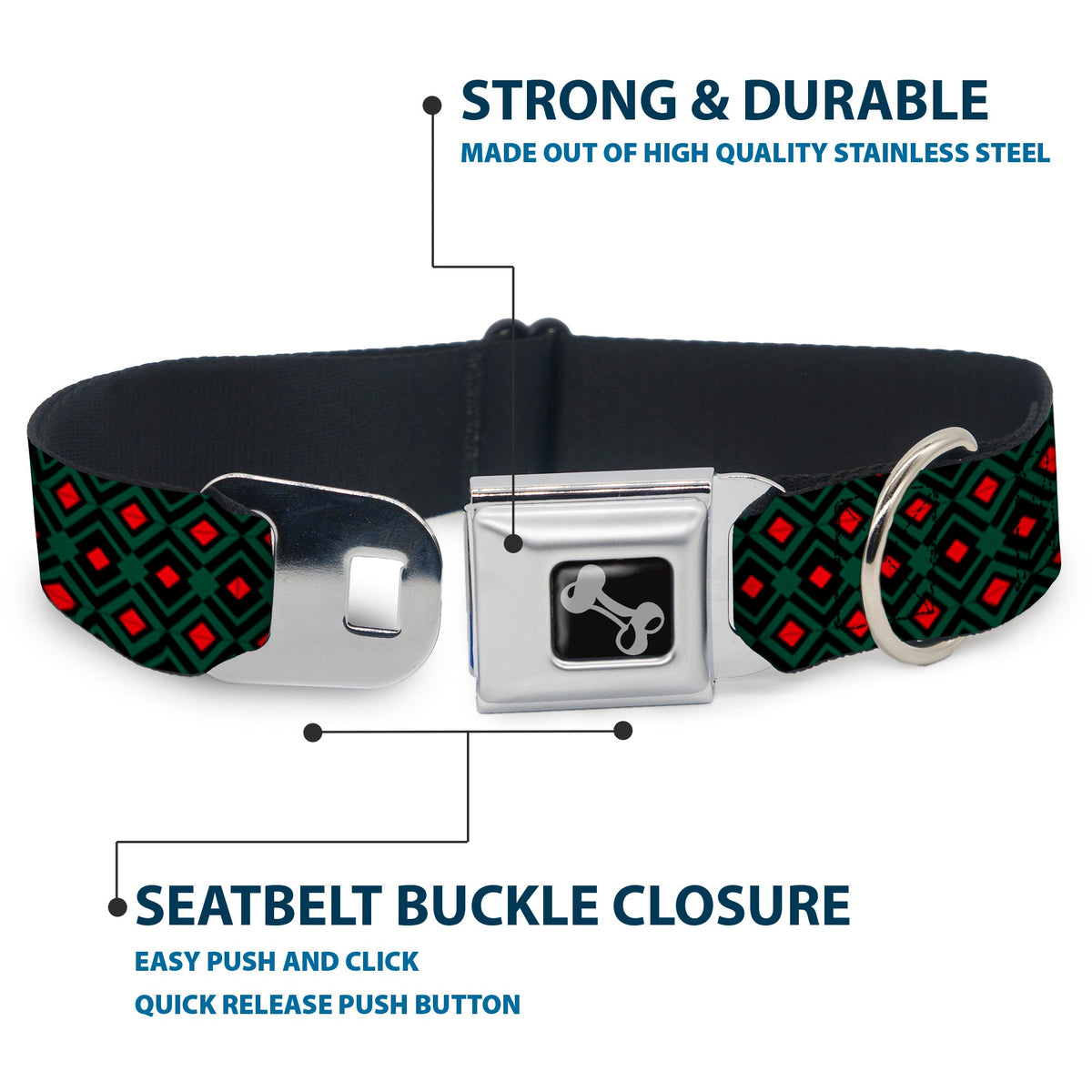 Dog Bone Seatbelt Buckle Collar - Geometric3 Black/Forest Green/Red