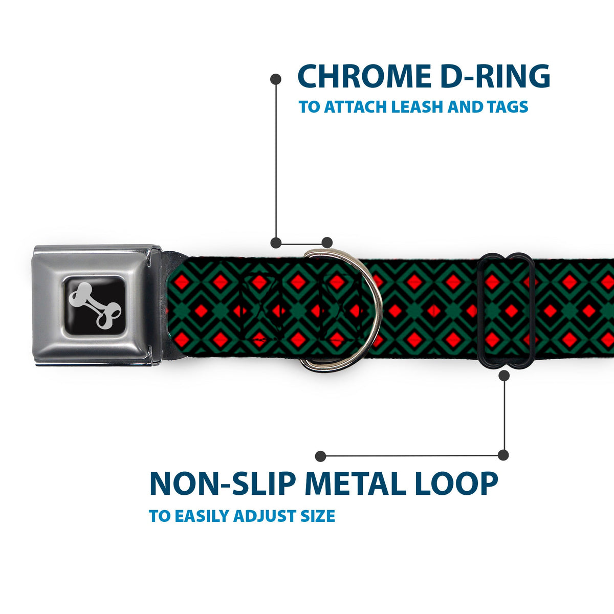 Dog Bone Seatbelt Buckle Collar - Geometric3 Black/Forest Green/Red