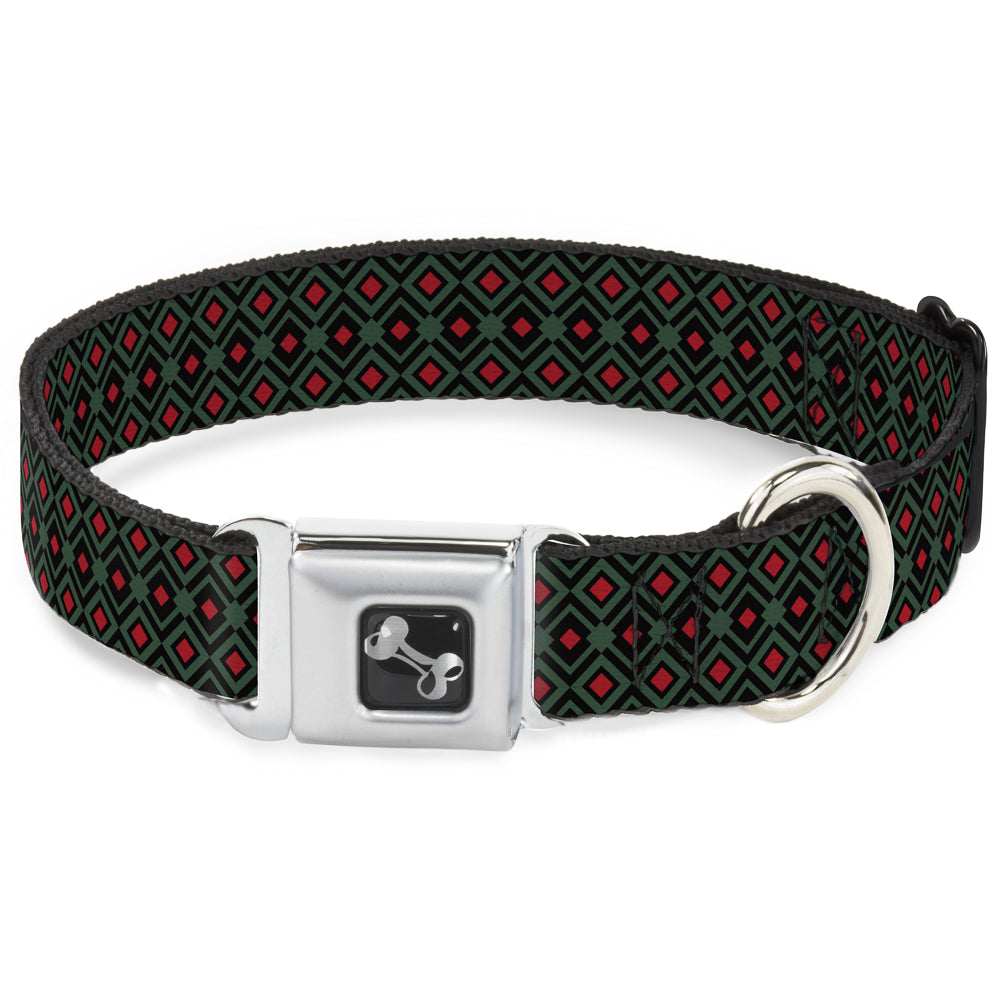 Dog Bone Seatbelt Buckle Collar - Geometric3 Black/Forest Green/Red
