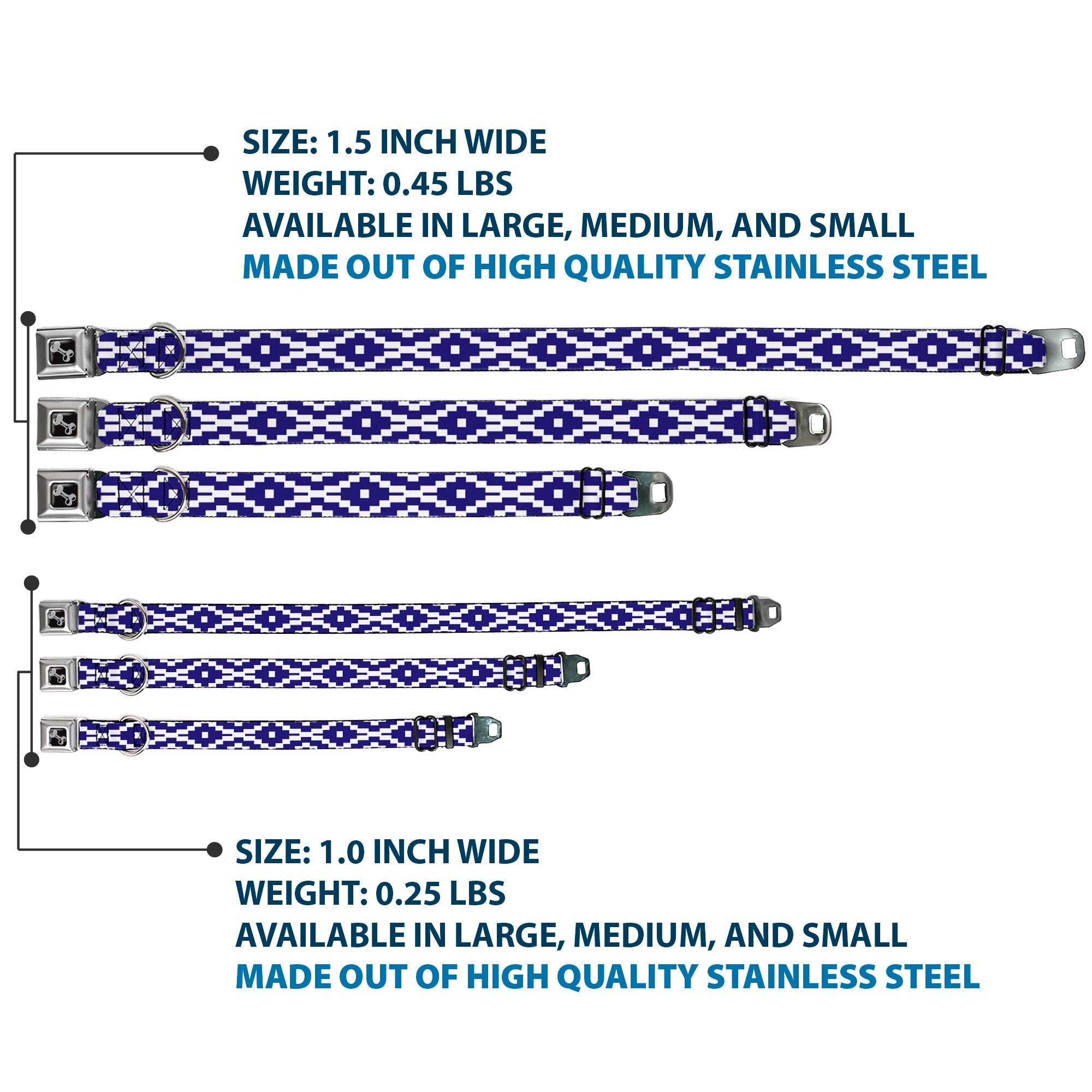 Dog Bone Seatbelt Buckle Collar - Geometric Diamond Blue/White