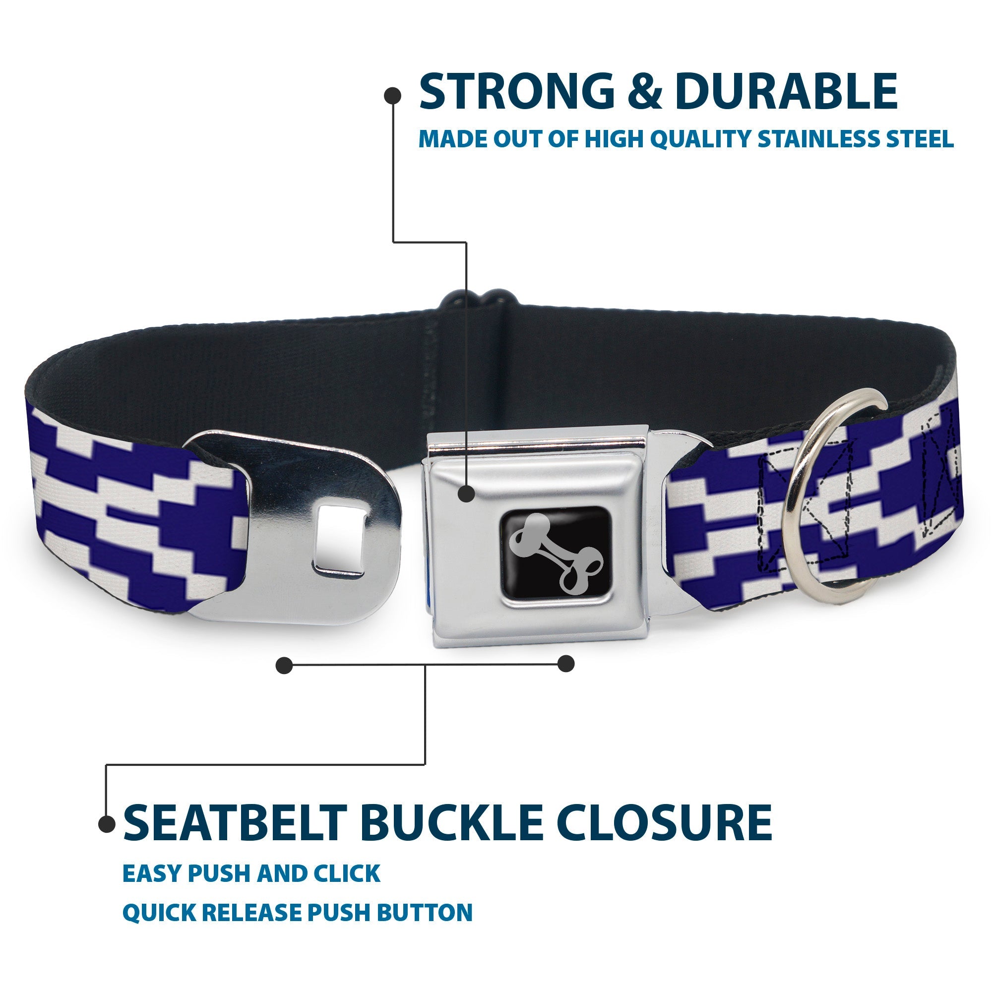 Dog Bone Seatbelt Buckle Collar - Geometric Diamond Blue/White