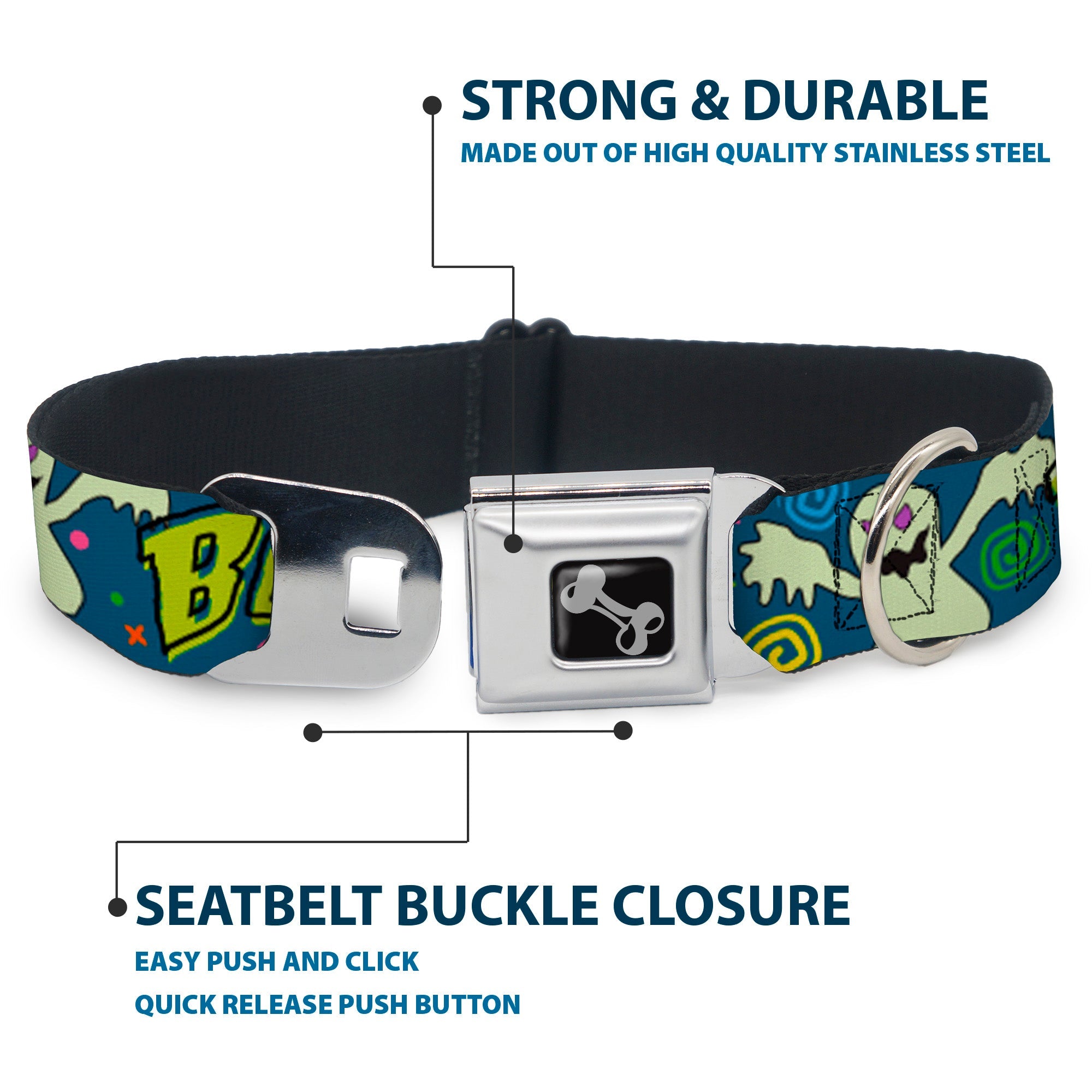 Dog Bone Seatbelt Buckle Collar - Ghost BOO! Blue/Multi Color