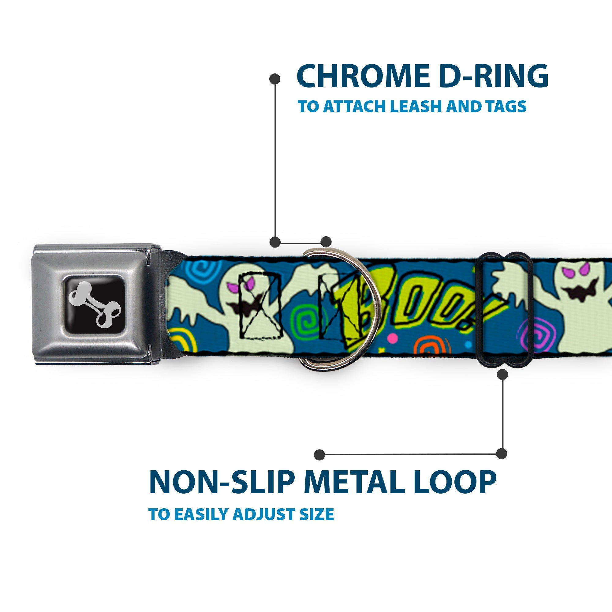 Dog Bone Seatbelt Buckle Collar - Ghost BOO! Blue/Multi Color