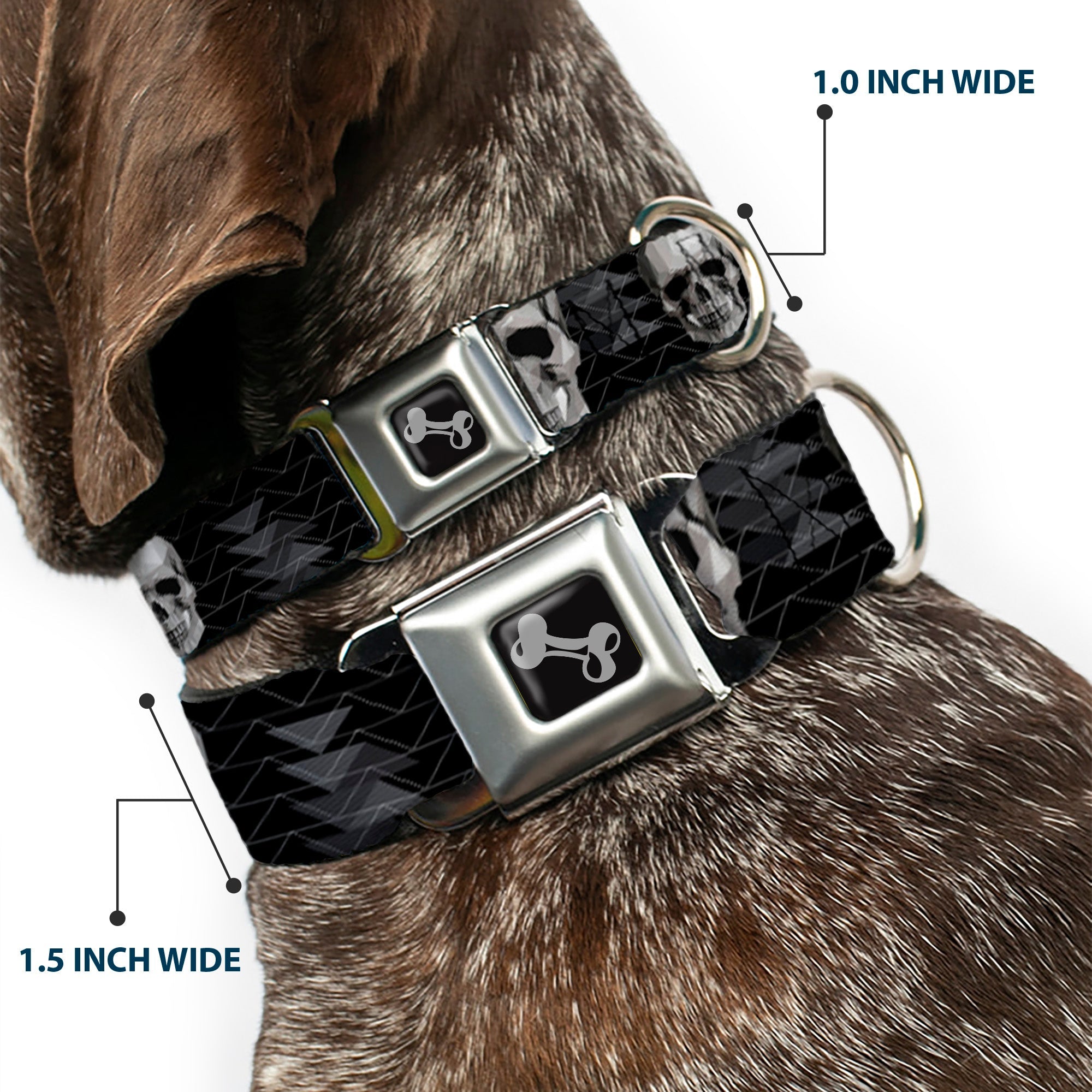 Dog Bone Seatbelt Buckle Collar - Geometric 3-D Skull Face/Chevron Black/Grays/White