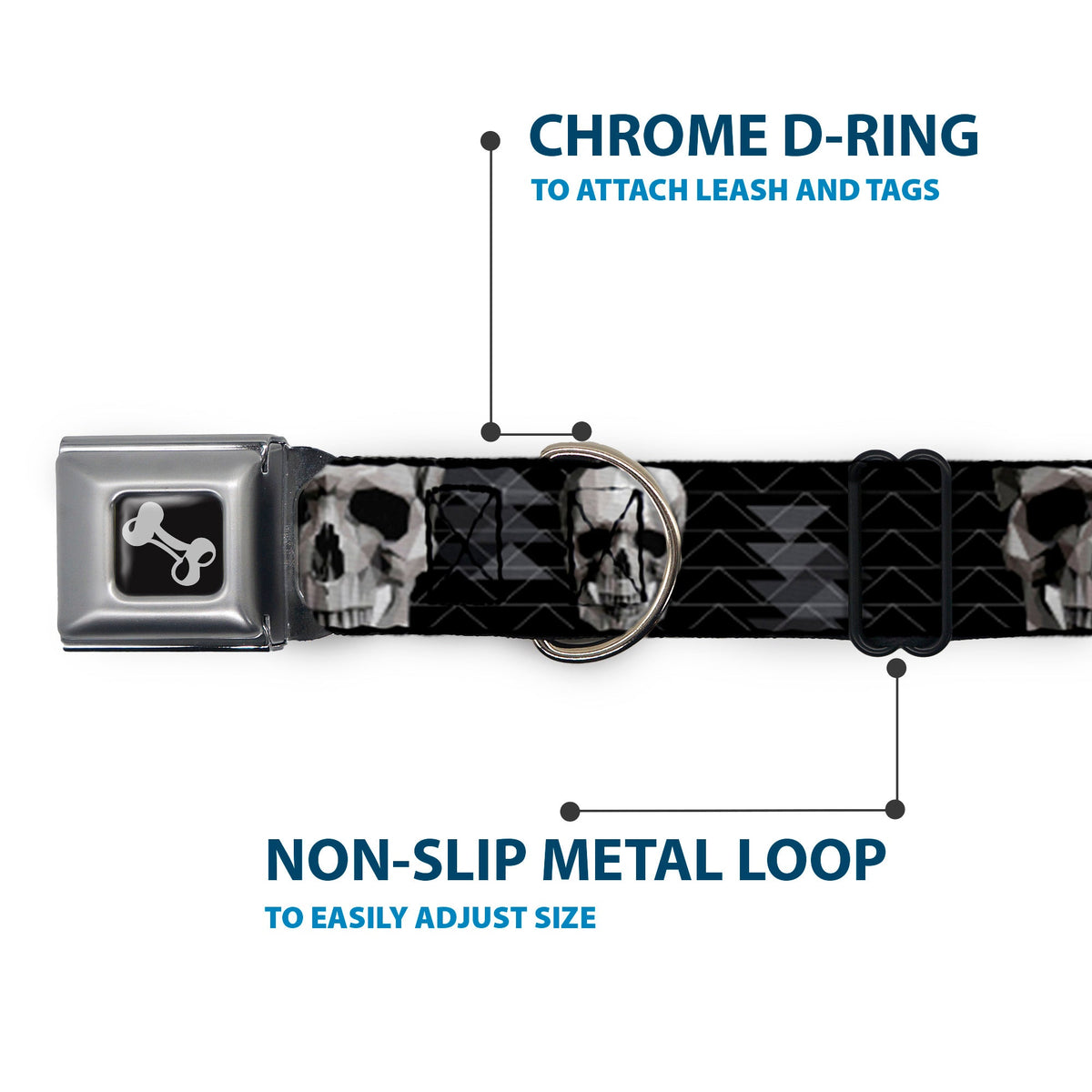Dog Bone Seatbelt Buckle Collar - Geometric 3-D Skull Face/Chevron Black/Grays/White