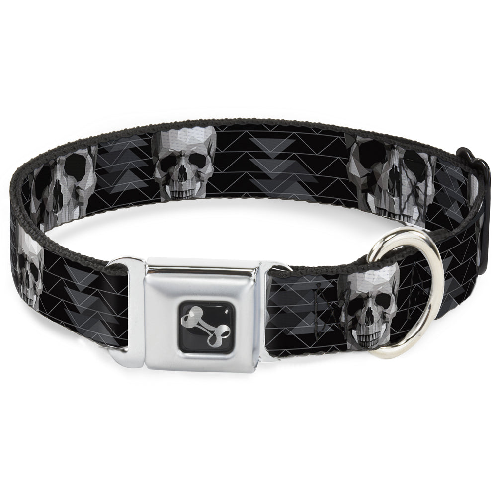 Dog Bone Seatbelt Buckle Collar - Geometric 3-D Skull Face/Chevron Black/Grays/White