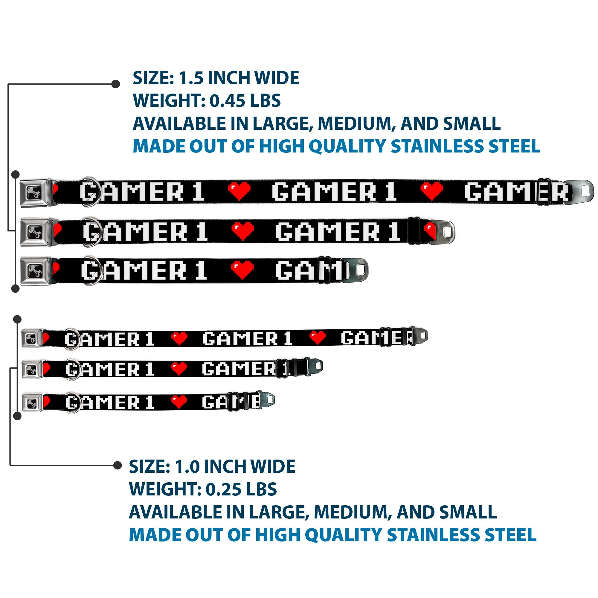 Dog Bone Seatbelt Buckle Collar - GAMER 1/Heart 8-Bit Black/White/Red