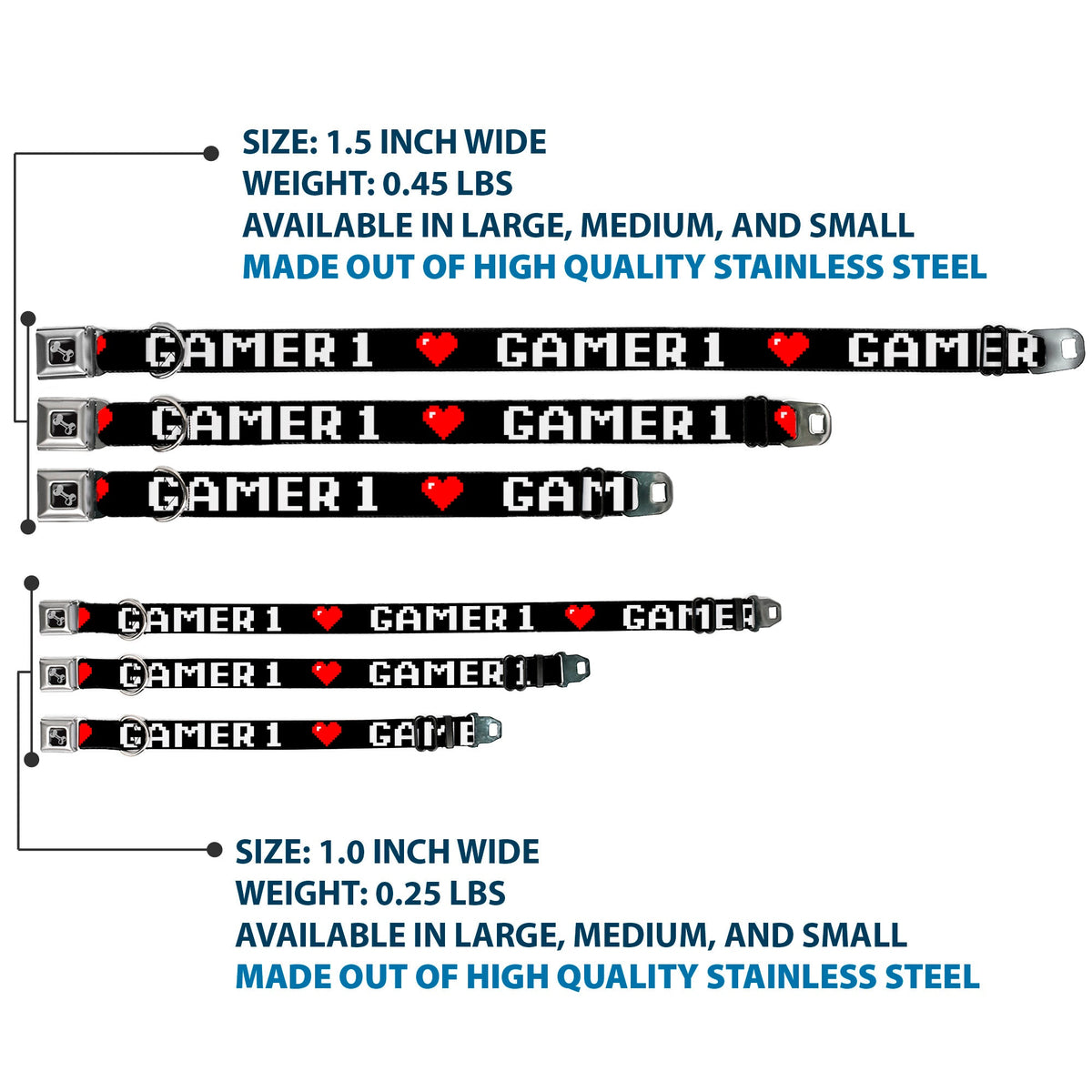 Dog Bone Seatbelt Buckle Collar - GAMER 1/Heart 8-Bit Black/White/Red