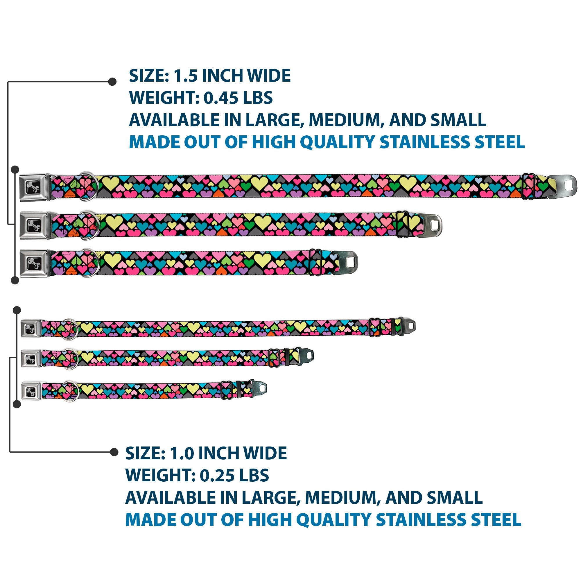 Dog Bone Seatbelt Buckle Collar - Hearts Black/Multi Color