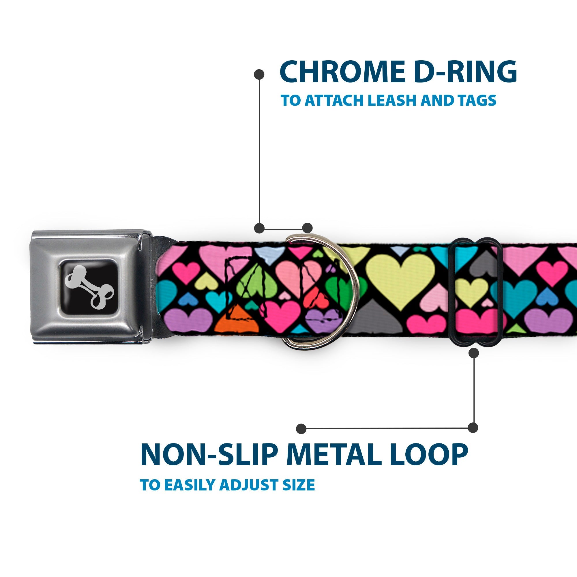 Dog Bone Seatbelt Buckle Collar - Hearts Black/Multi Color