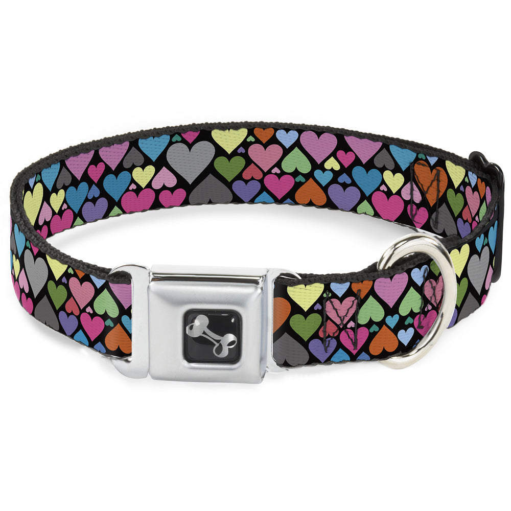 Dog Bone Seatbelt Buckle Collar - Hearts Black/Multi Color