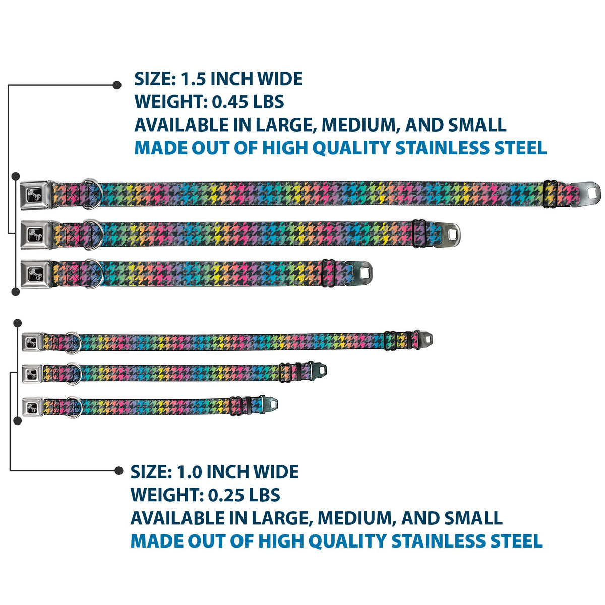 Dog Bone Seatbelt Buckle Collar - Houndstooth Black/Rainbow