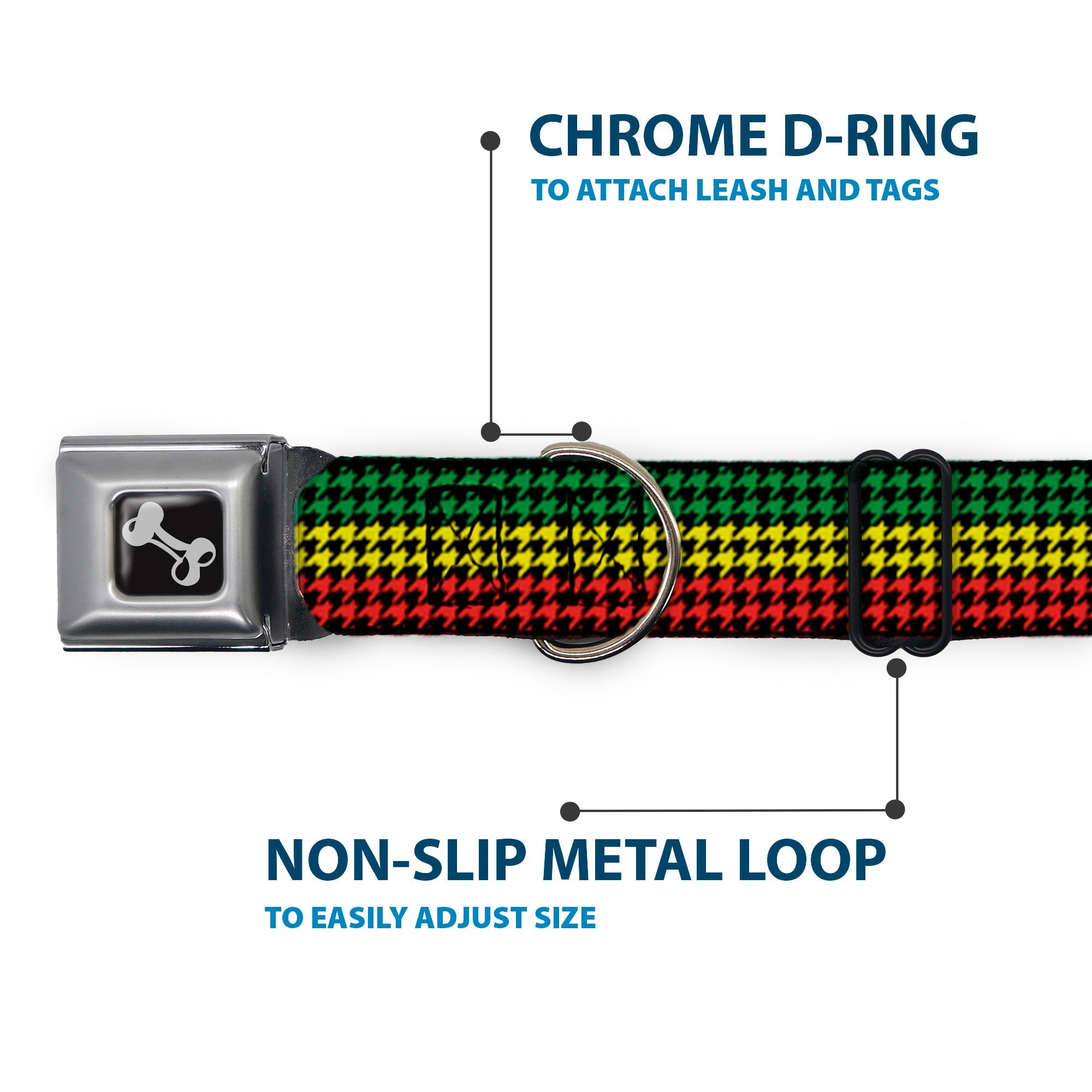 Dog Bone Seatbelt Buckle Collar - Houndstooth Black/Rasta