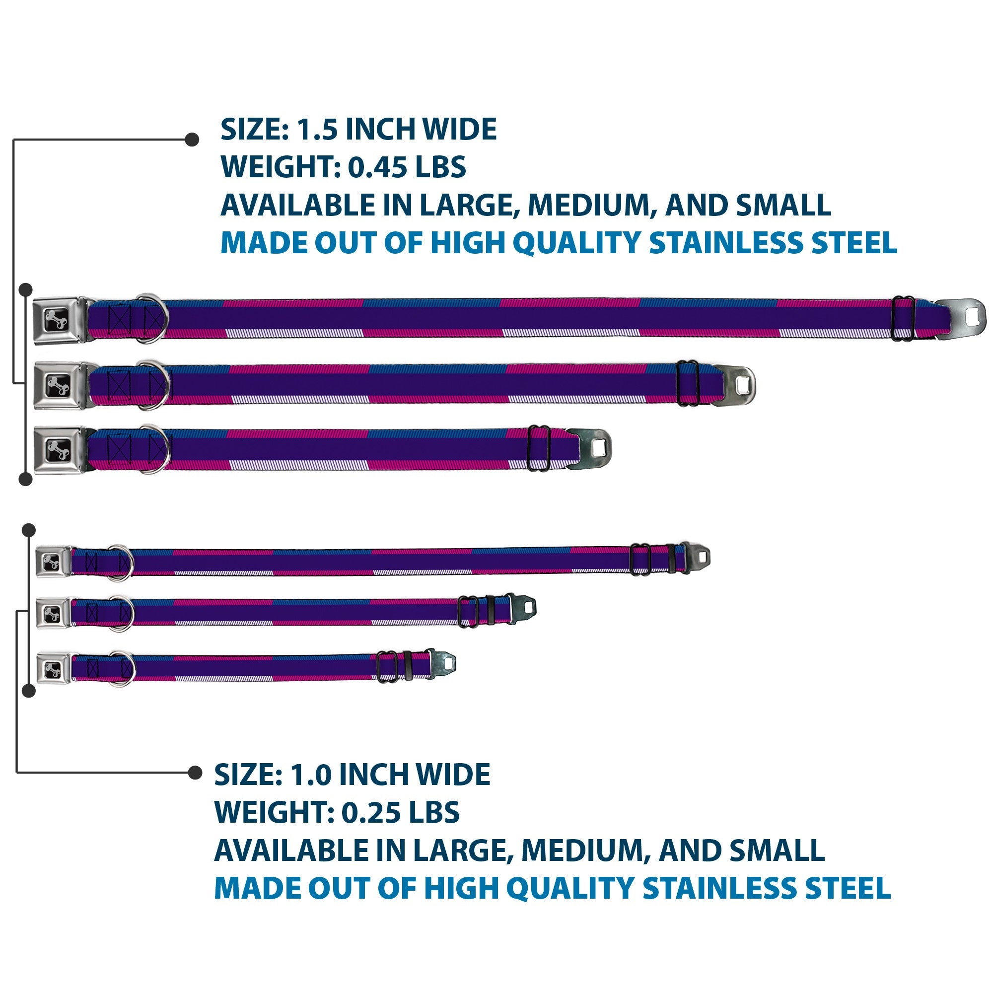 Dog Bone Seatbelt Buckle Collar - Hash Mark Stripe Navy/Turquoise/Fuchsia/White