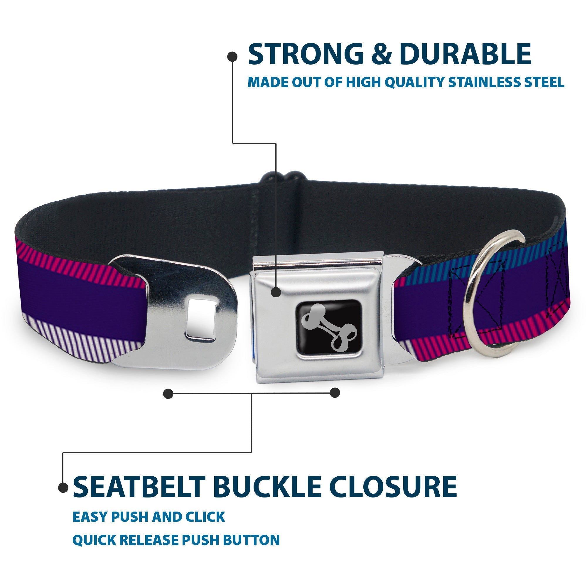 Dog Bone Seatbelt Buckle Collar - Hash Mark Stripe Navy/Turquoise/Fuchsia/White