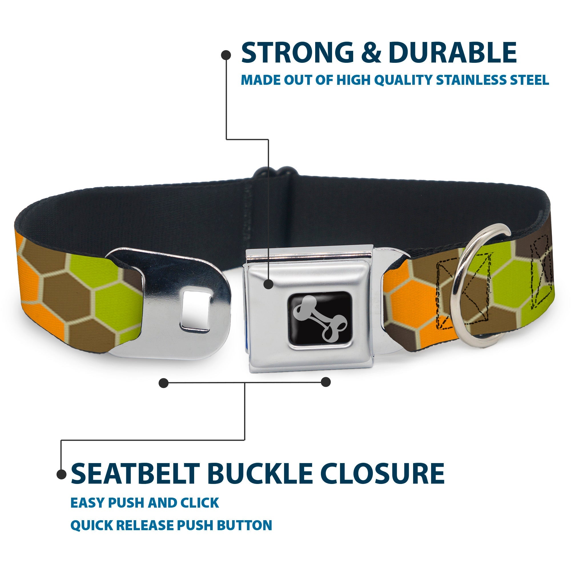 Dog Bone Seatbelt Buckle Collar - Honeycomb Greens/Orange