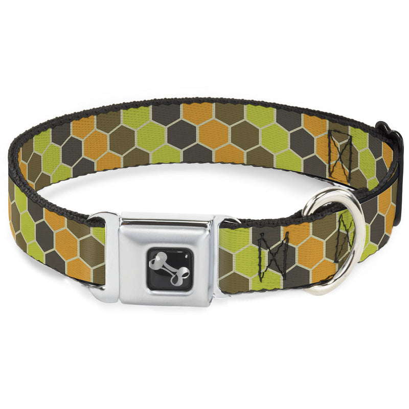 Dog Bone Seatbelt Buckle Collar - Honeycomb Greens/Orange