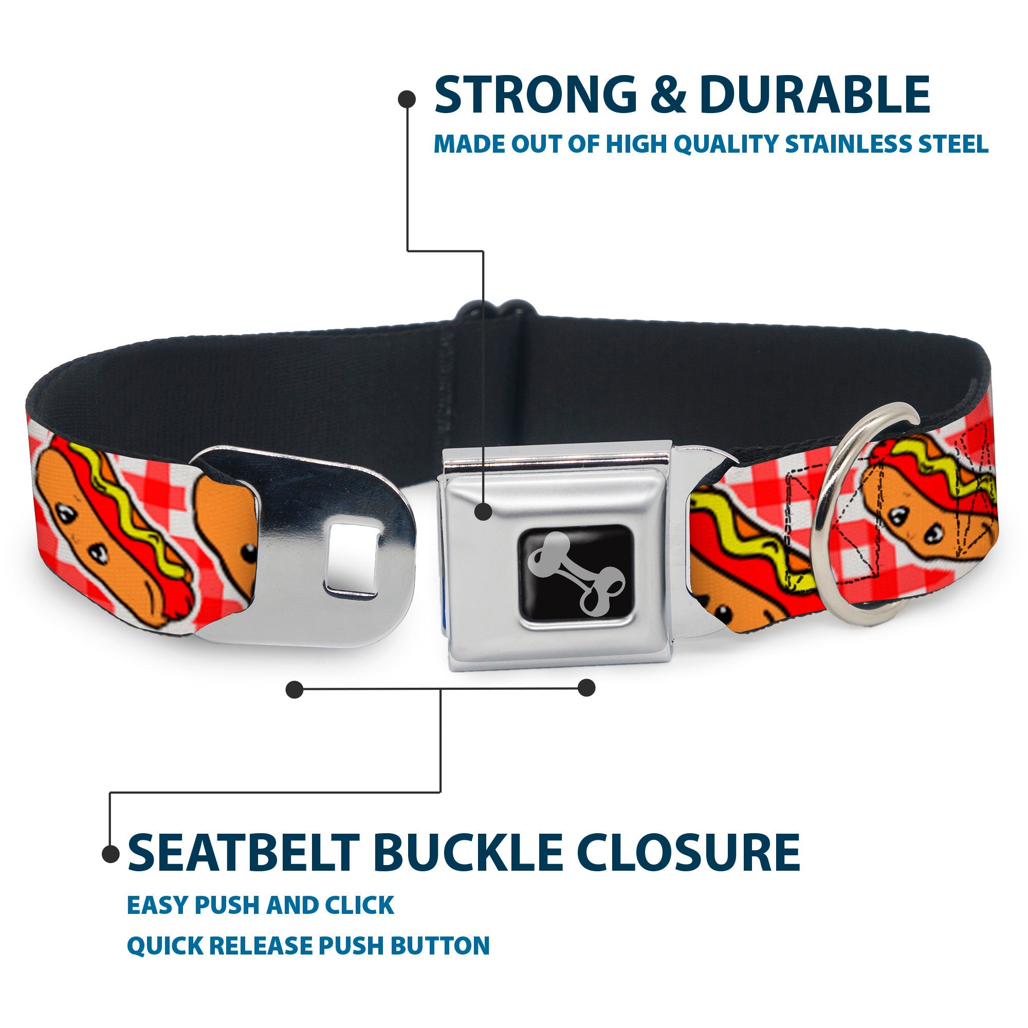 Dog Bone Seatbelt Buckle Collar - Hot Dogs Buffalo Plaid White/Red