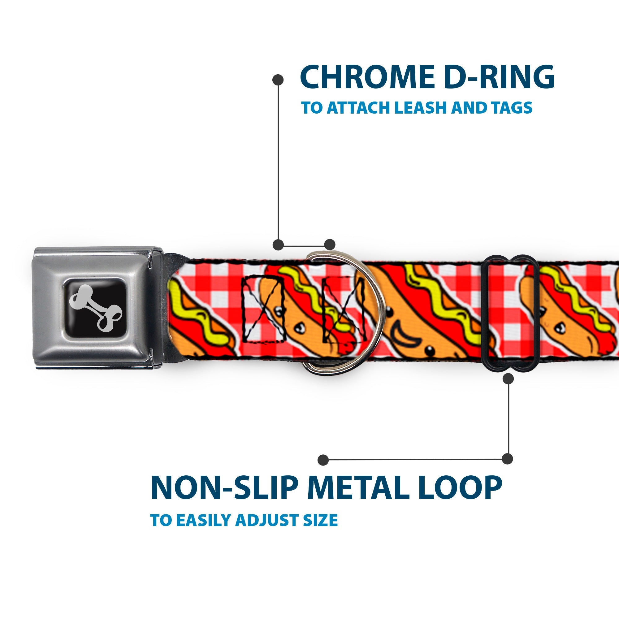 Dog Bone Seatbelt Buckle Collar - Hot Dogs Buffalo Plaid White/Red