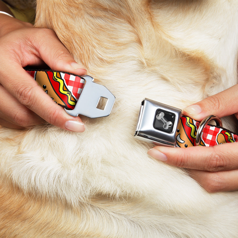 Dog Bone Seatbelt Buckle Collar - Hot Dogs Buffalo Plaid White/Red