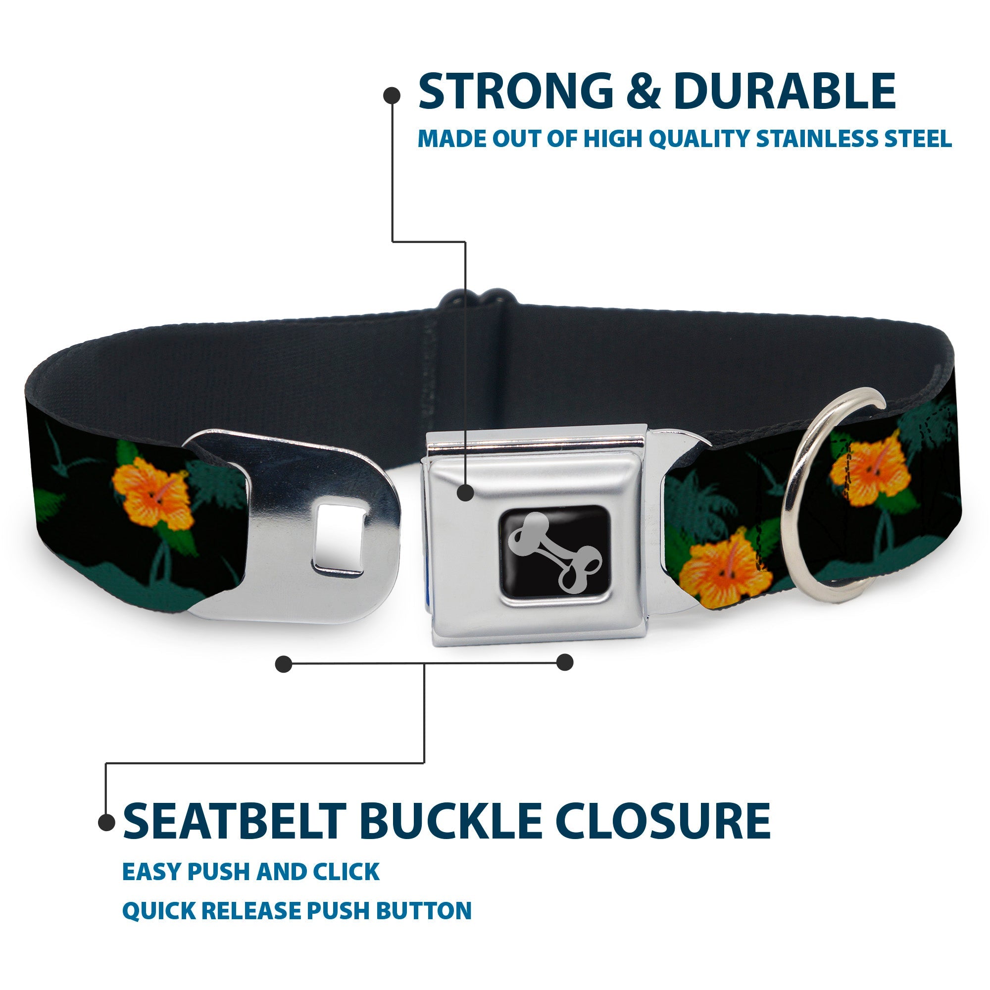 Dog Bone Seatbelt Buckle Collar - Hibiscus Flowers Black/Green/Orange
