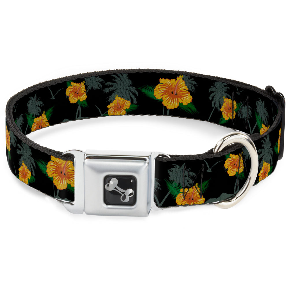 Dog Bone Seatbelt Buckle Collar - Hibiscus Flowers Black/Green/Orange