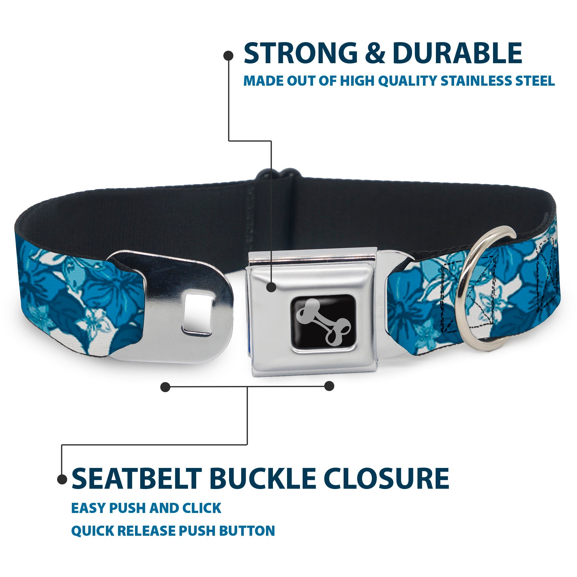 Dog Bone Seatbelt Buckle Collar - Hibiscus Collage White/Blues