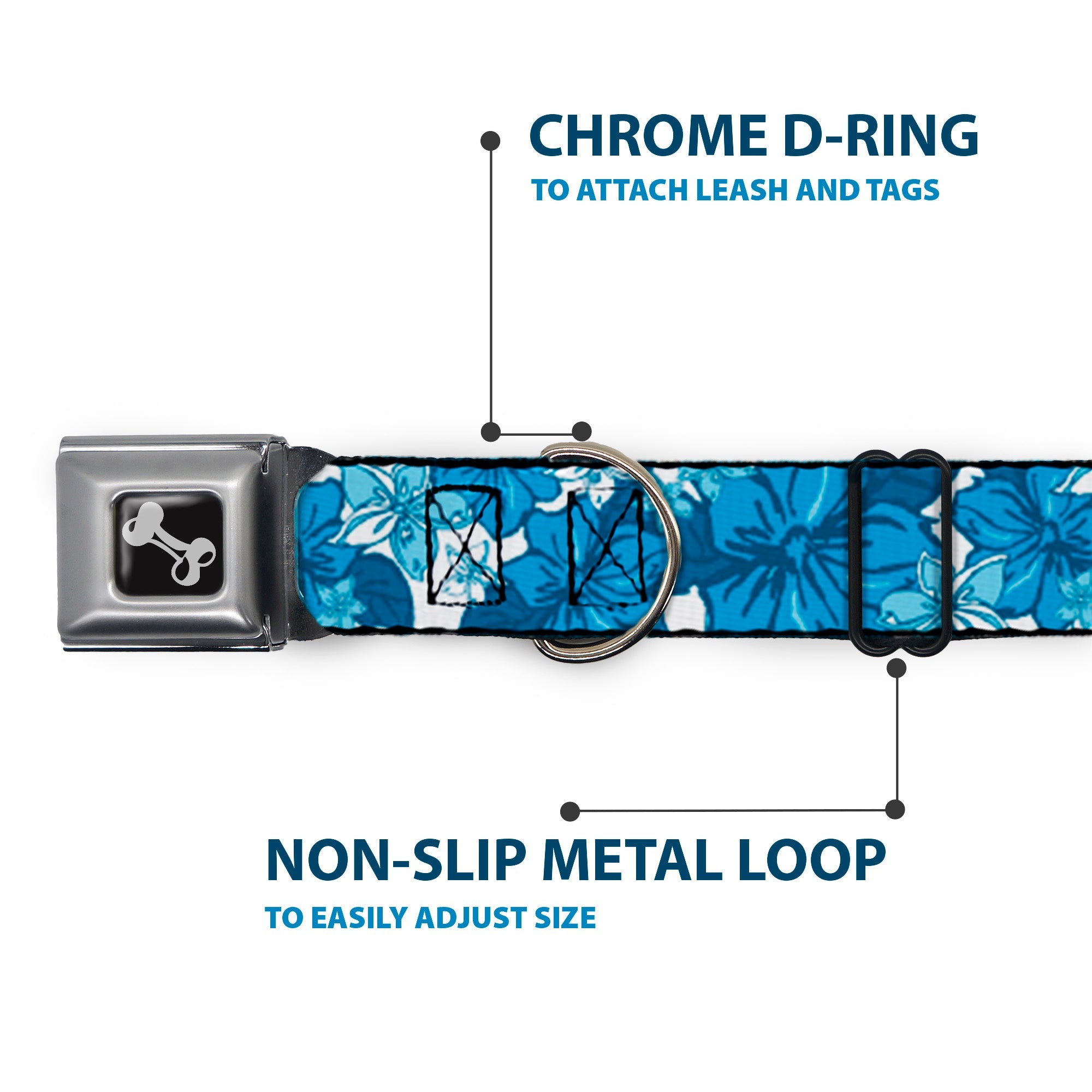 Dog Bone Seatbelt Buckle Collar - Hibiscus Collage White/Blues