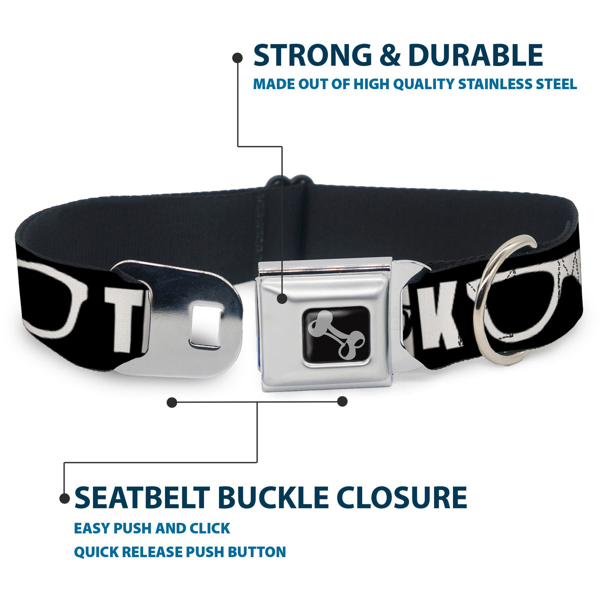Dog Bone Seatbelt Buckle Collar - IM A GEEK/Glasses Black/White