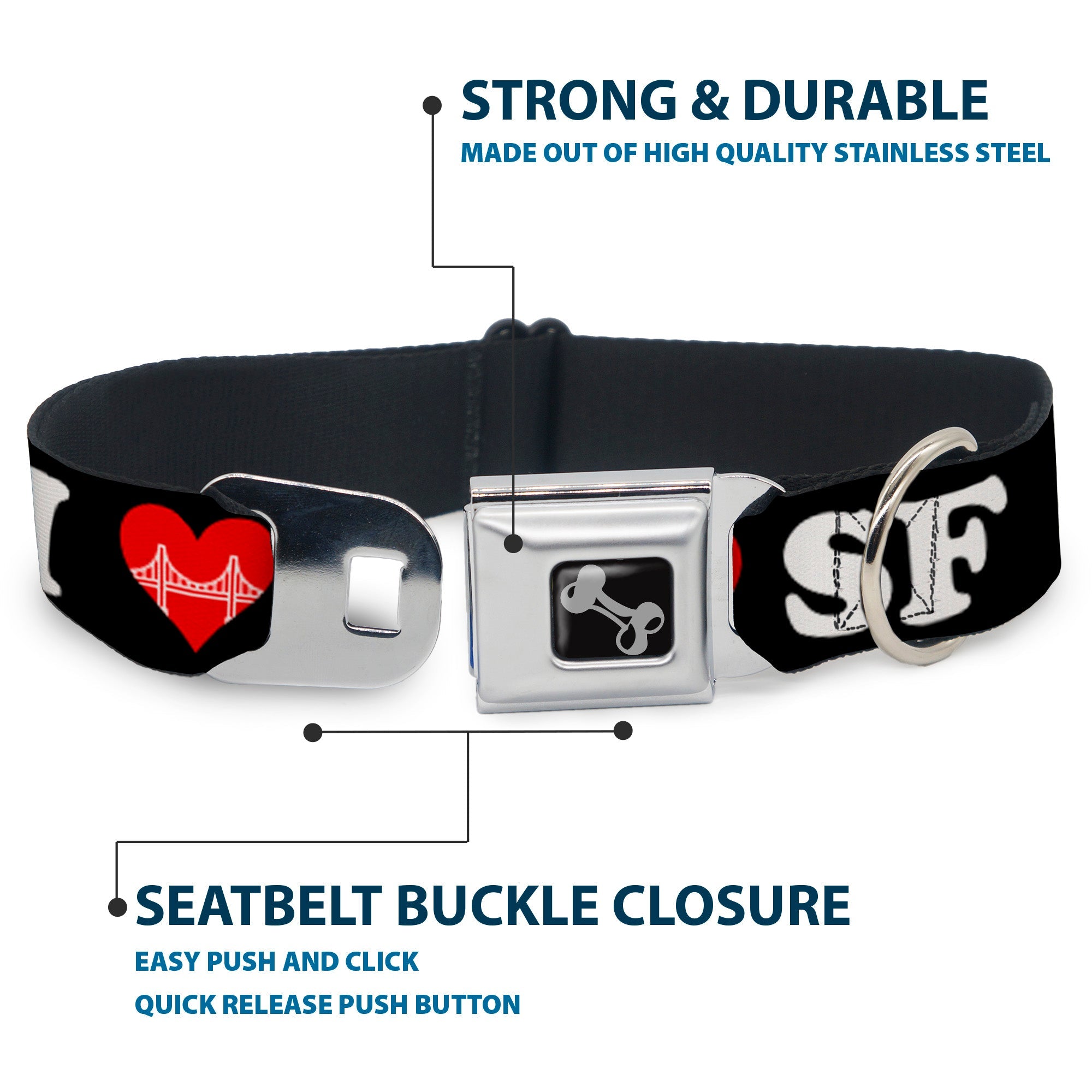Dog Bone Seatbelt Buckle Collar - I "HEART BRIDGE" SF Black/White/Red