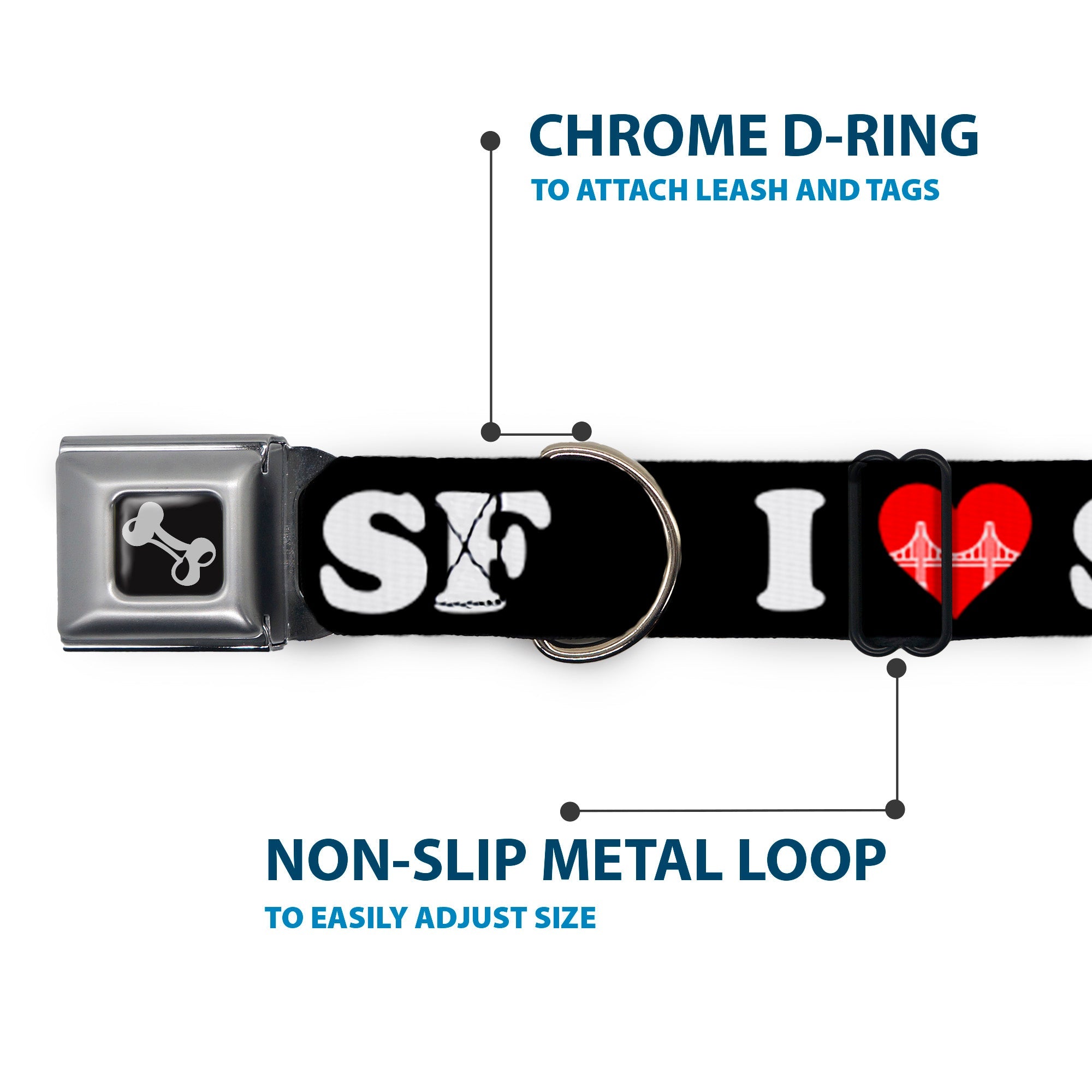 Dog Bone Seatbelt Buckle Collar - I "HEART BRIDGE" SF Black/White/Red