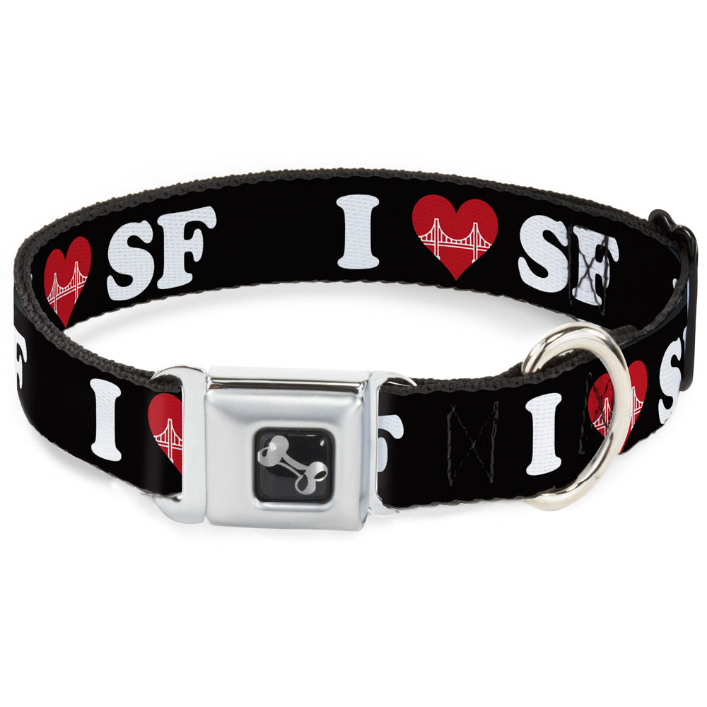Dog Bone Seatbelt Buckle Collar - I "HEART BRIDGE" SF Black/White/Red