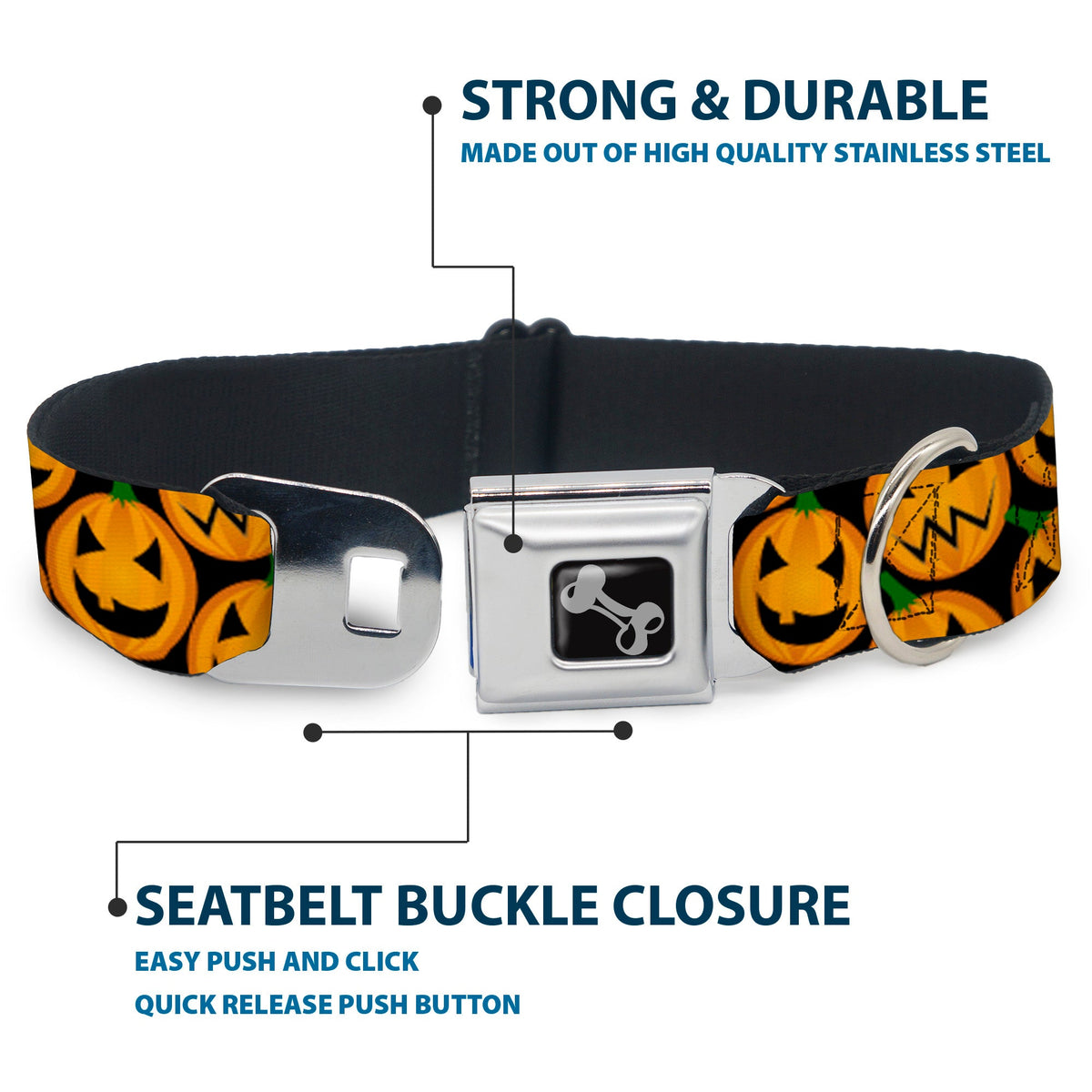 Dog Bone Seatbelt Buckle Collar - Jack-o-Lantern Collage Black