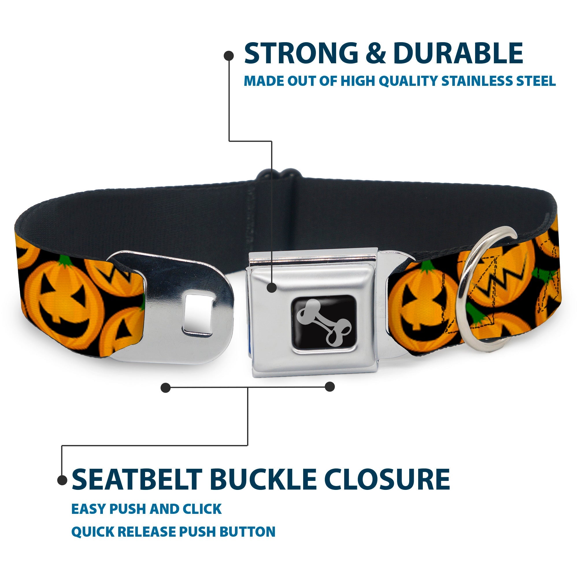 Dog Bone Seatbelt Buckle Collar - Jack-o-Lantern Collage Black