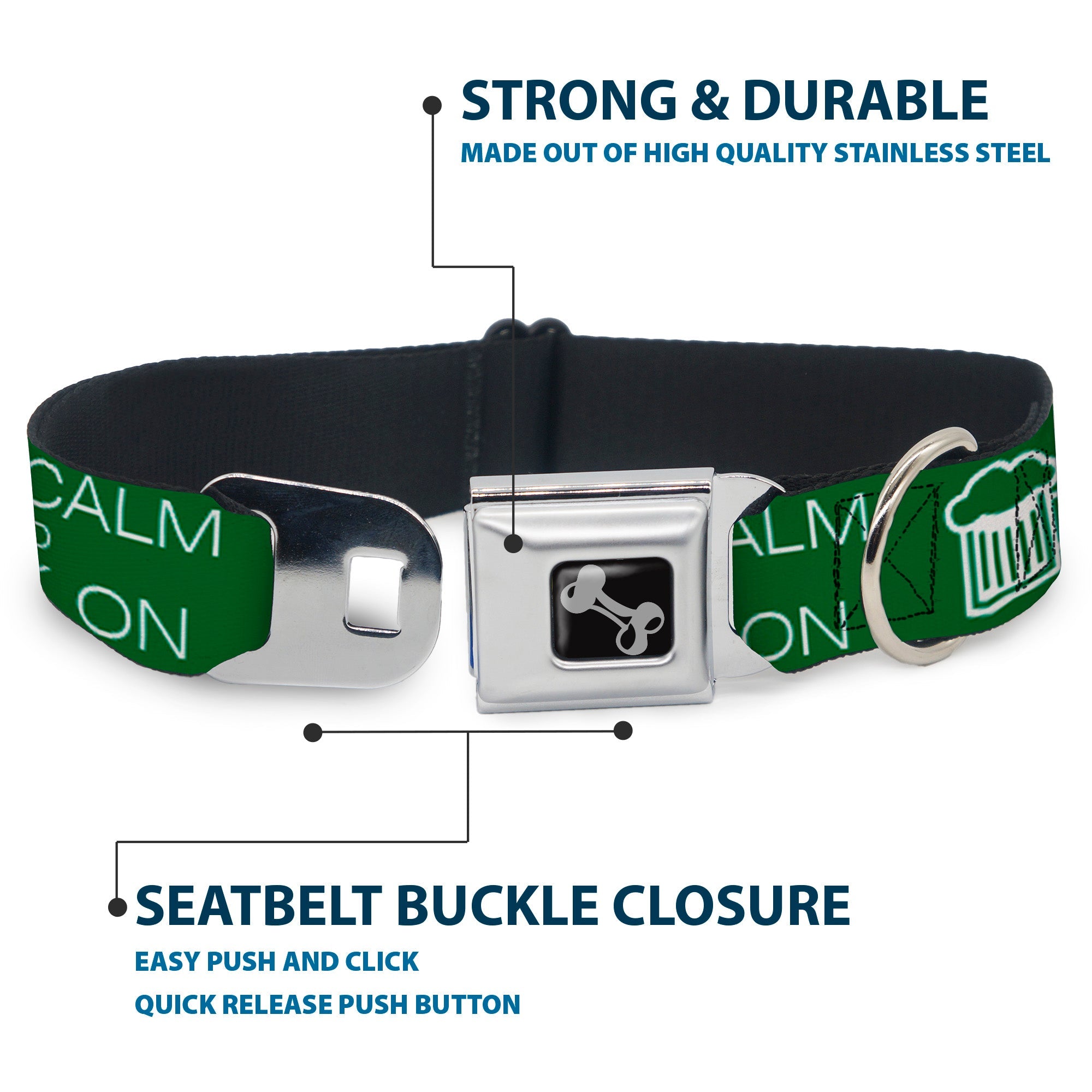 Buckle-Down Seatbelt Buckle Dog Collar - KEEP CALM AND DRINK ON/Beer Green/White